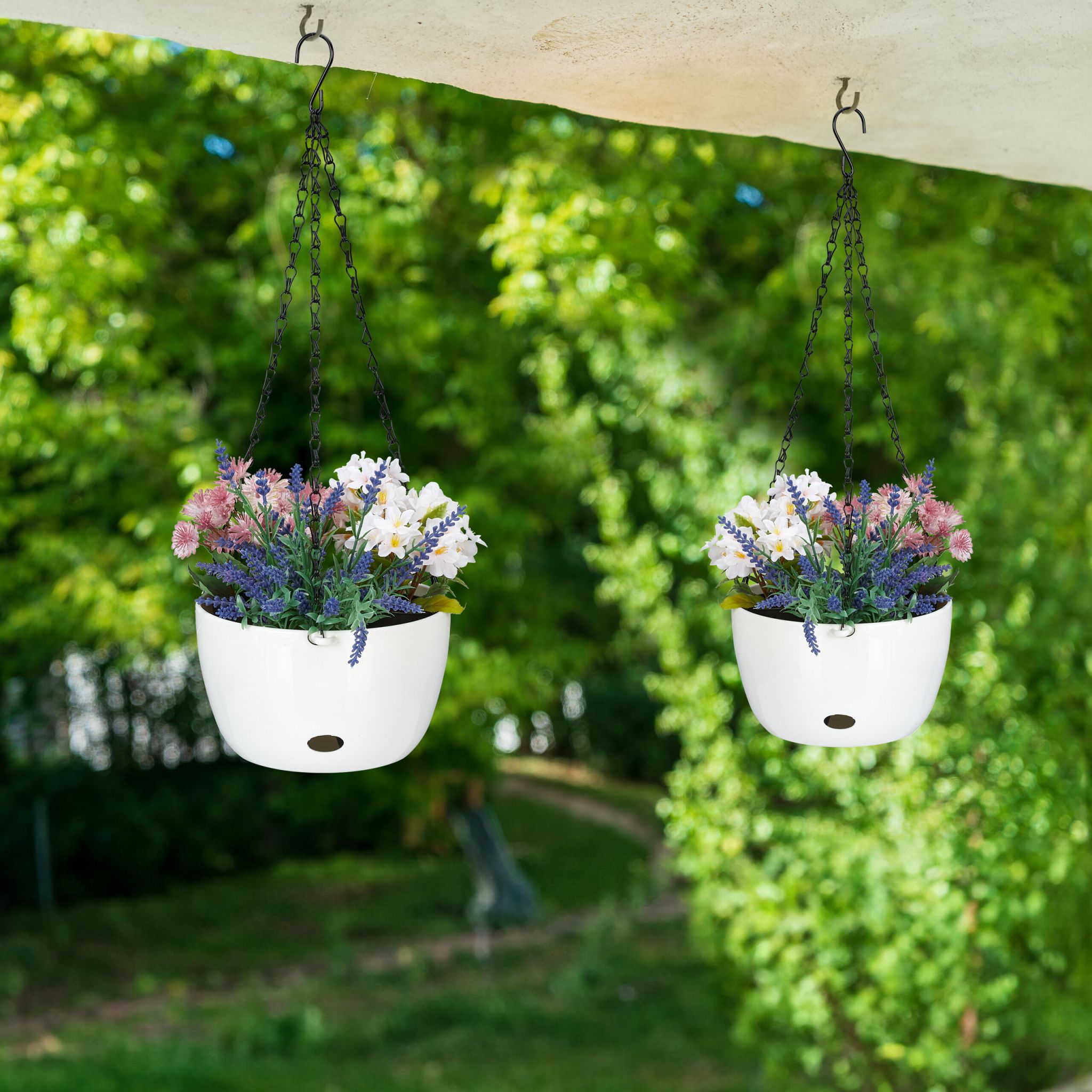 2 Blumenampeln mit Wasserspeicher - M Weiss-Schwarz von Relaxdays