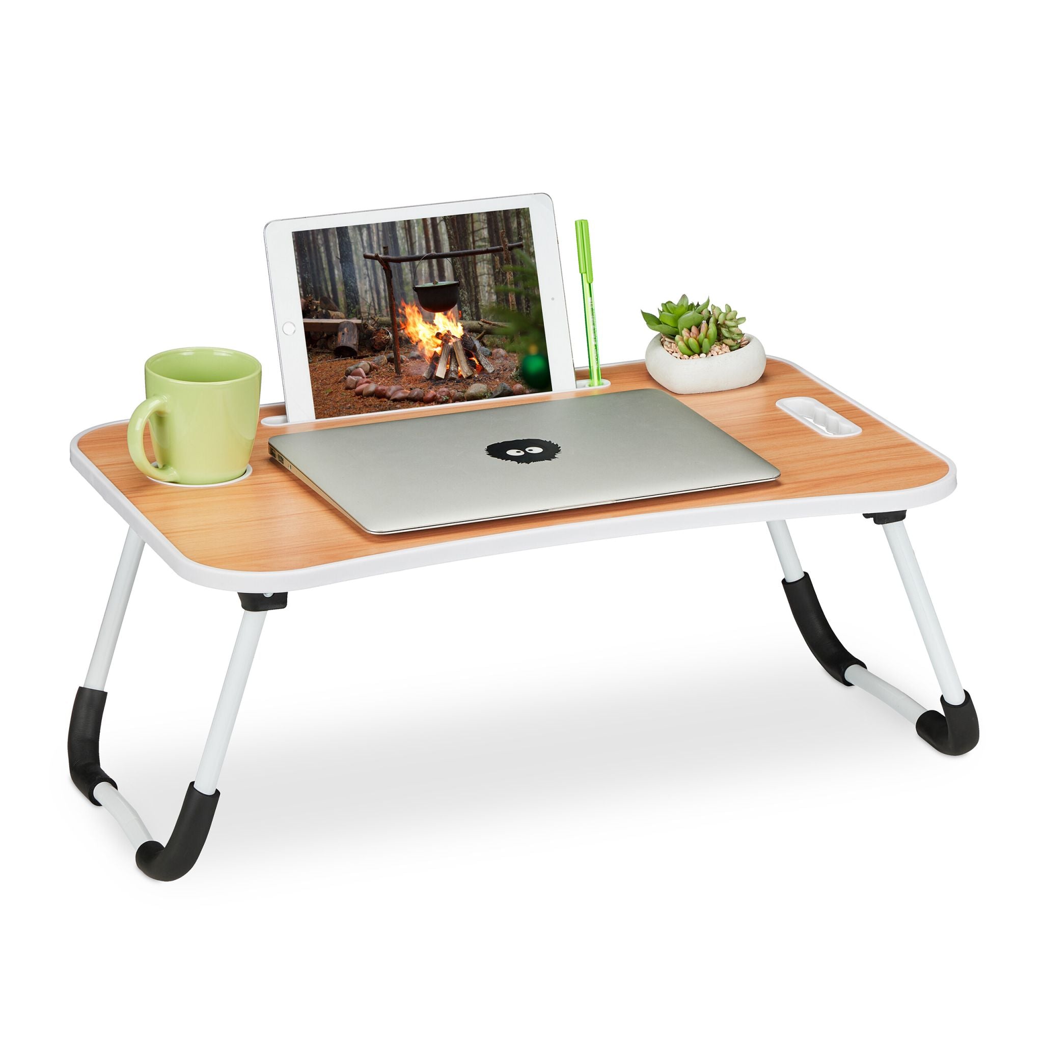 Klappbarer Laptoptisch Weiss-Hellbraun-Schwarz von Relaxdays