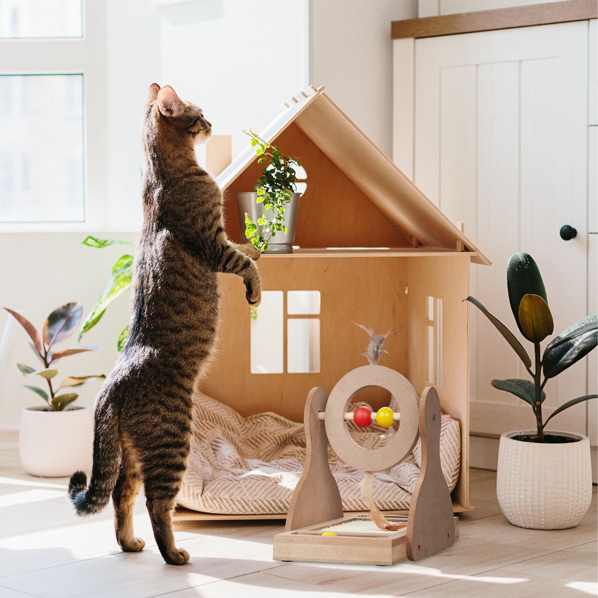 Katzen Kratzspielzeug mit Sisal-Teppich Gelb-Hellbraun-Rot von Relaxdays