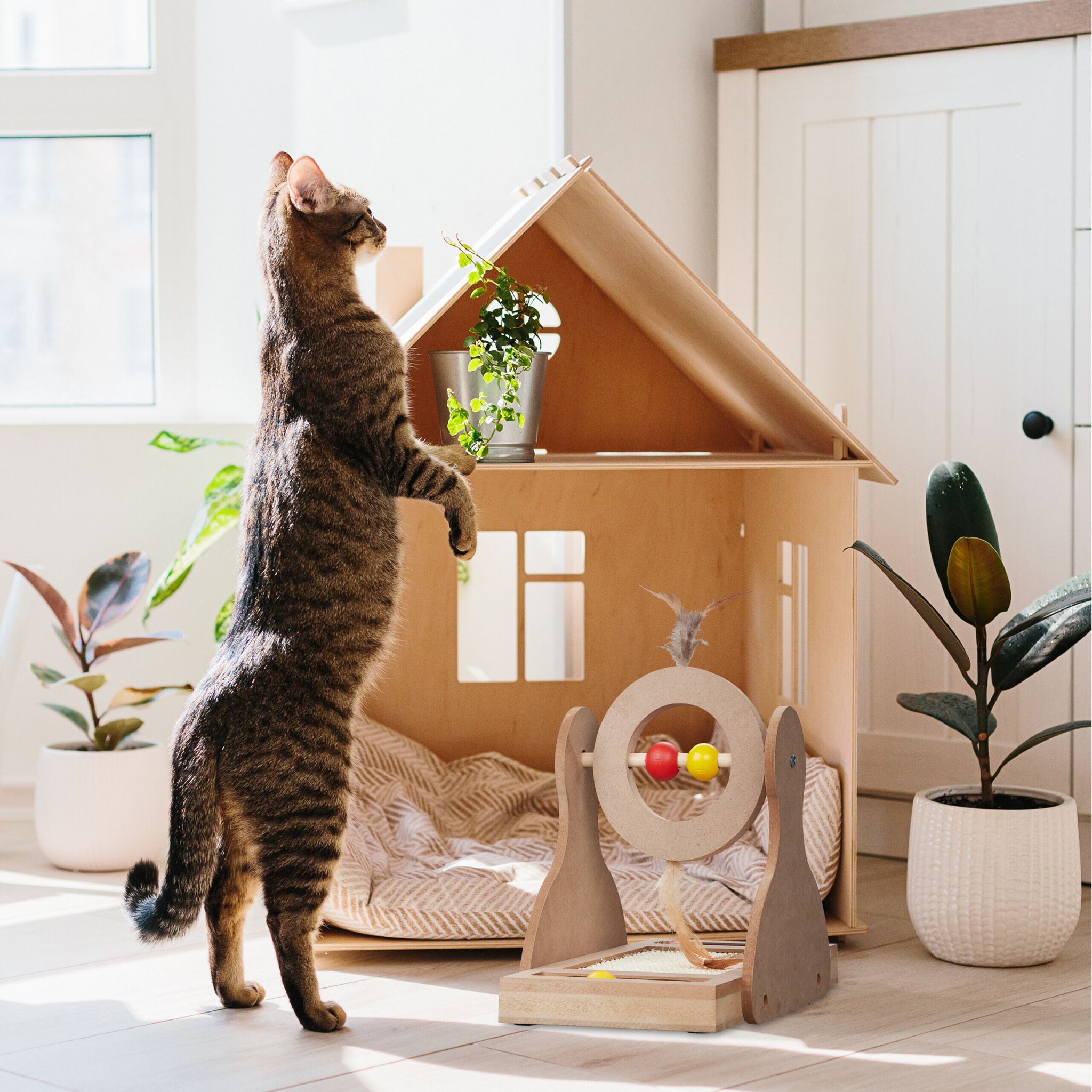 Katzen Kratzspielzeug mit Sisal-Teppich Gelb-Hellbraun-Rot von Relaxdays