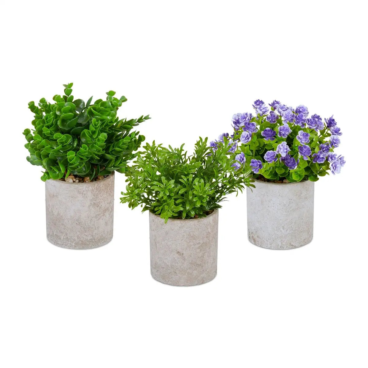 Kunstpflanzen im Topf 3er Set Beton-Optik Lila Blüten von guteszeug.ch