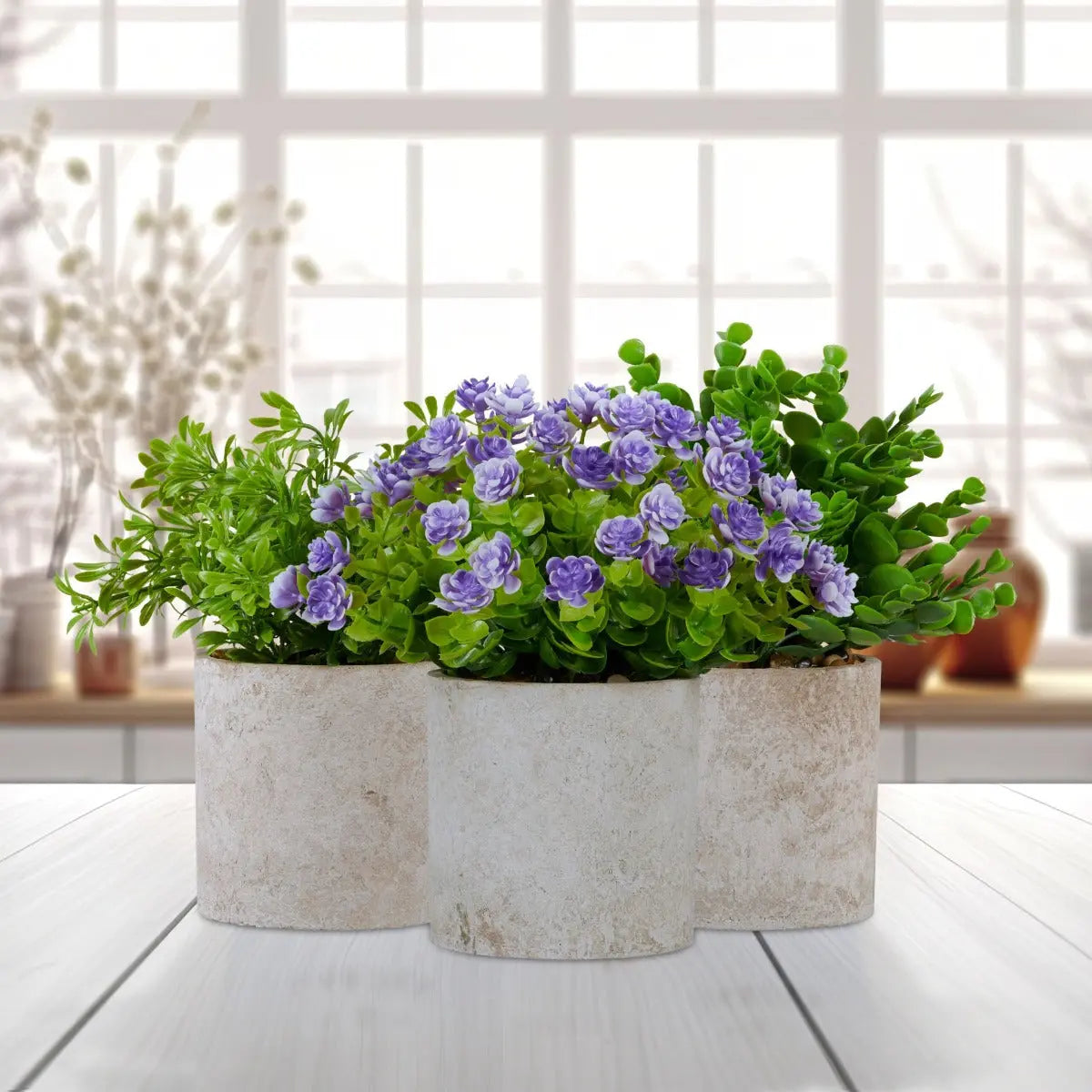 Kunstpflanzen im Topf 3er Set Beton-Optik Lila Blüten von guteszeug.ch