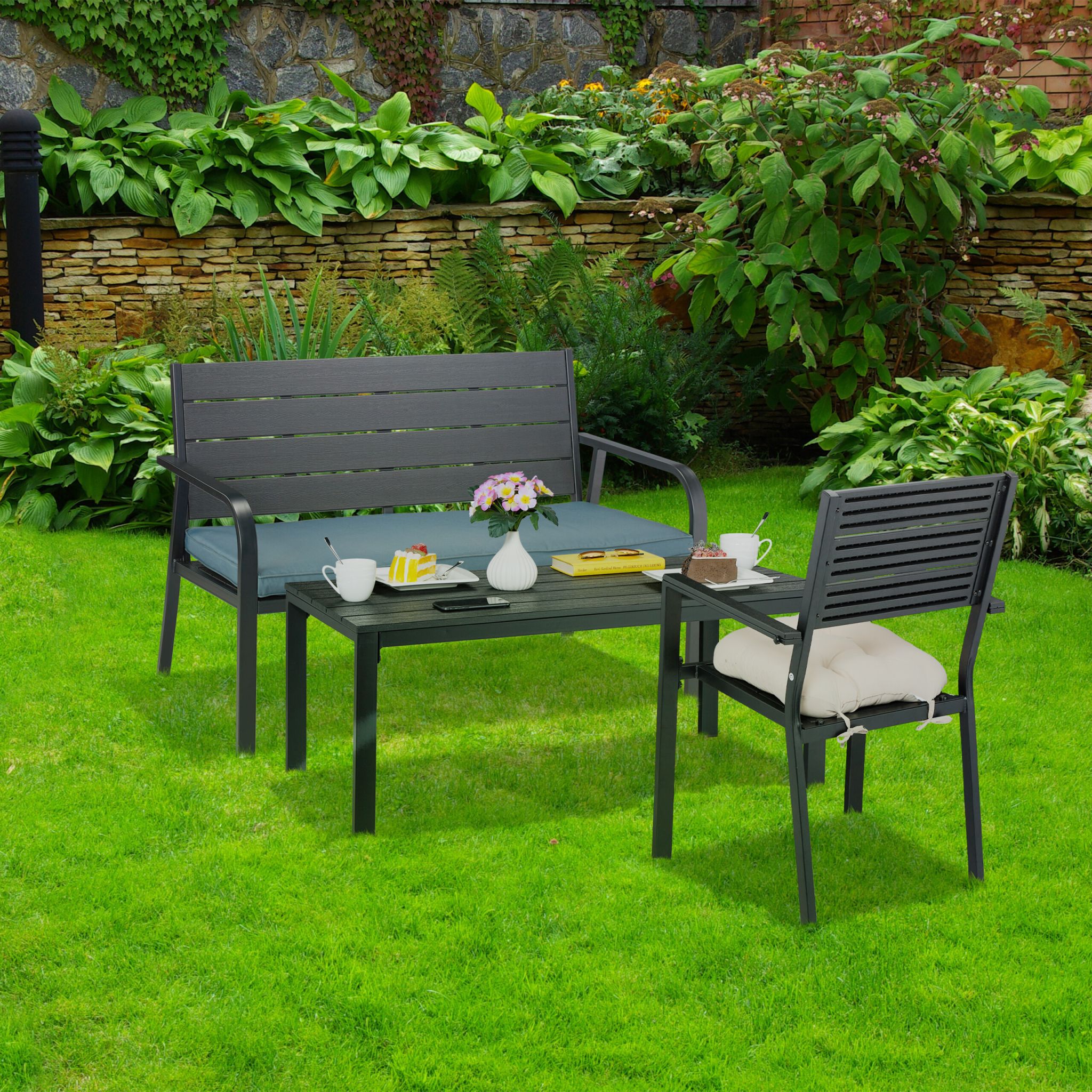 Gartenbank mit Sitzauflage Anthrazit-Schwarz von Relaxdays