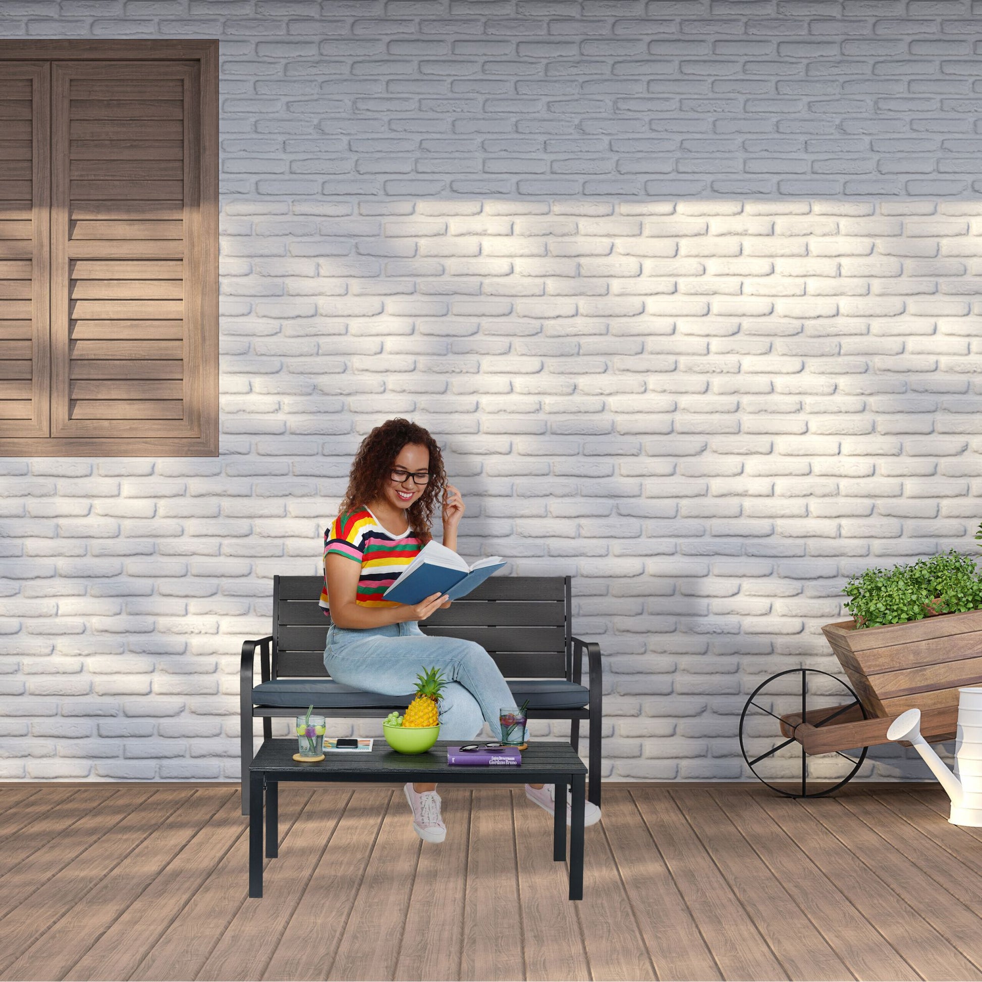Gartenbank mit Sitzauflage Anthrazit-Schwarz von Relaxdays