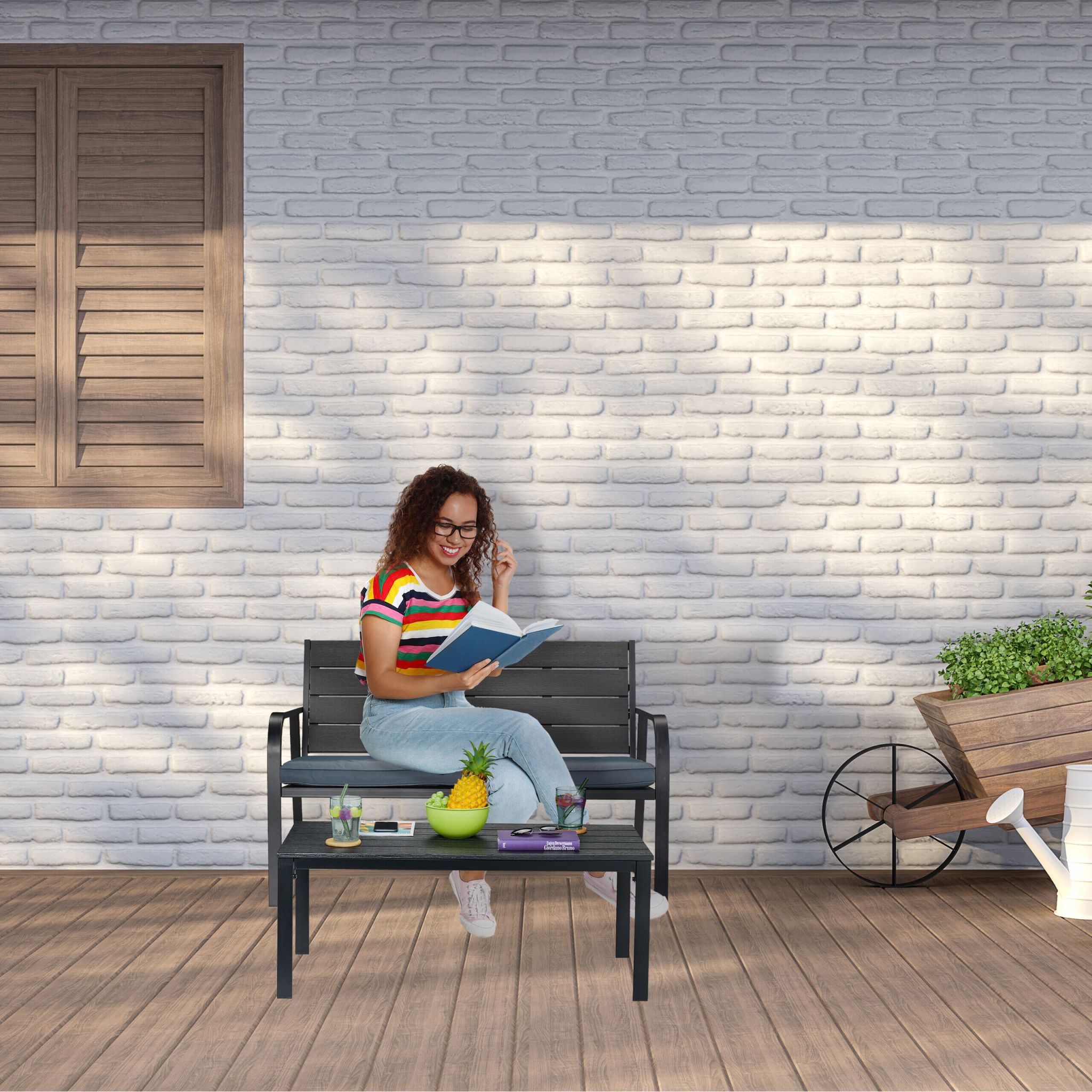 Gartenbank mit Sitzauflage Anthrazit-Schwarz von Relaxdays