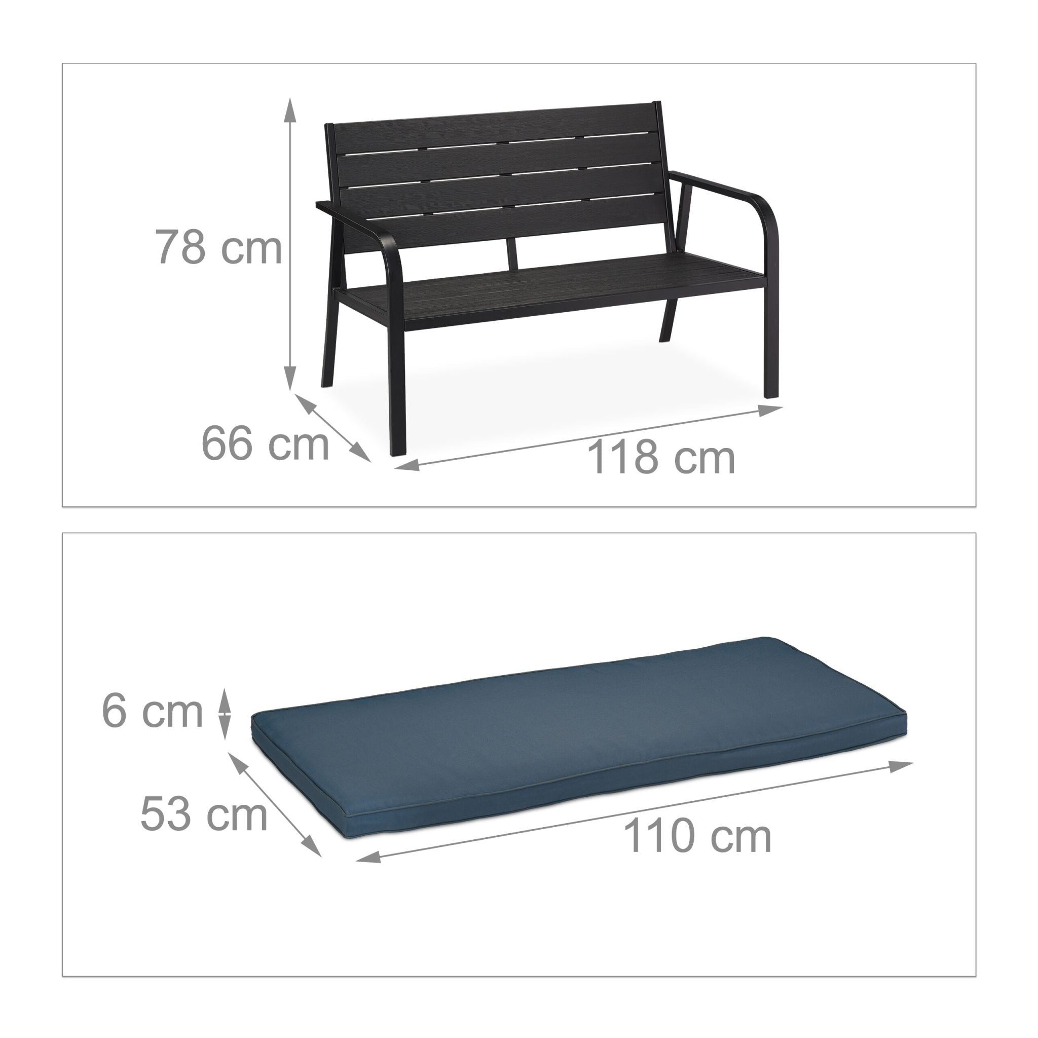 Gartenbank mit Sitzauflage Anthrazit-Schwarz von Relaxdays