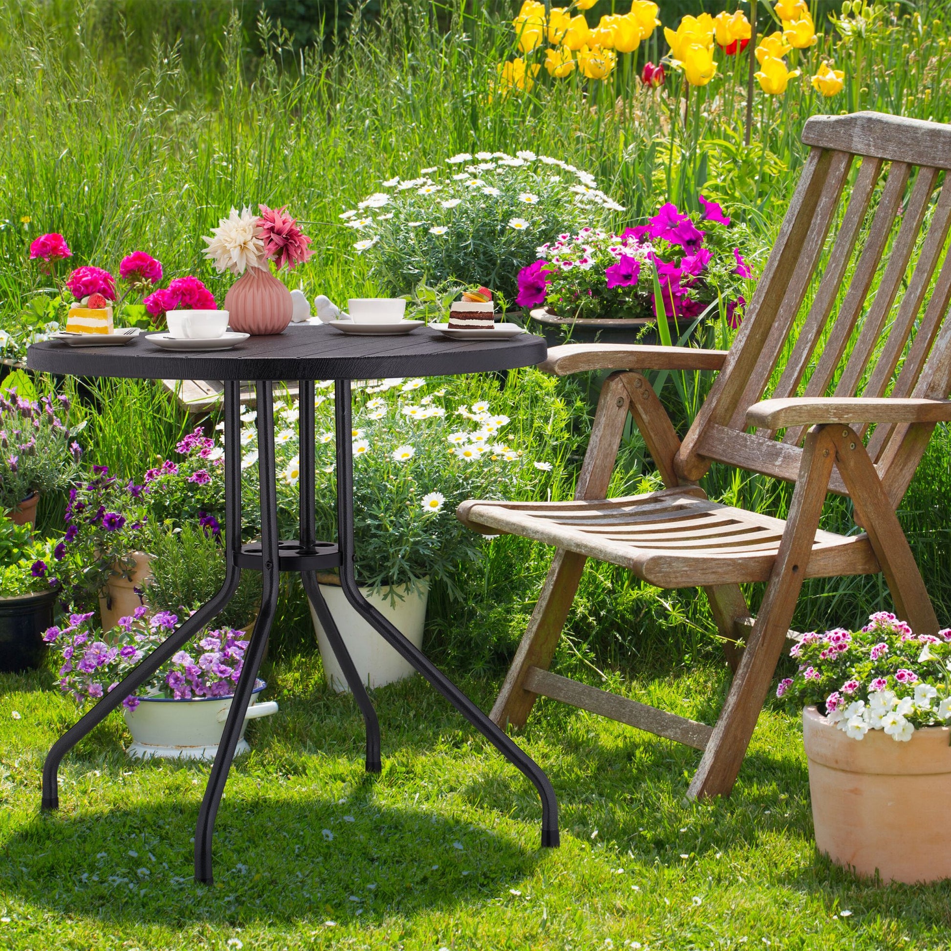 Runder Gartentisch in Holzoptik Schwarz von Relaxdays