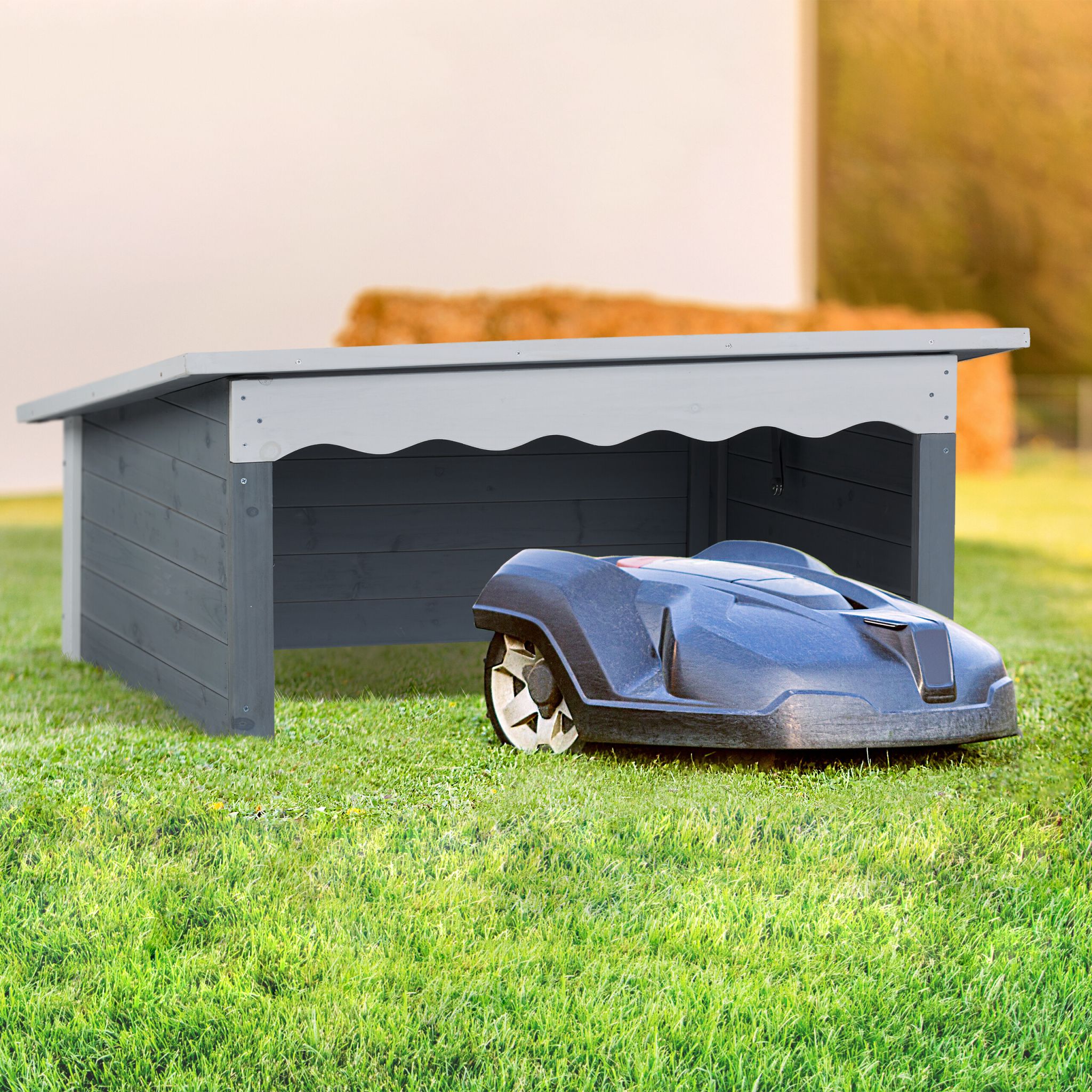 Mähroboter Garage Holz Weiss-Schwarz-Grau von Relaxdays