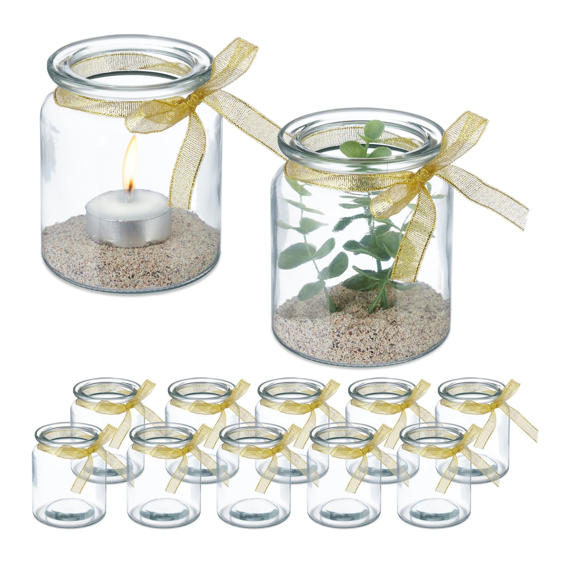 Windlicht 12er-Set mit Schleife Gold-Transparent von Relaxdays