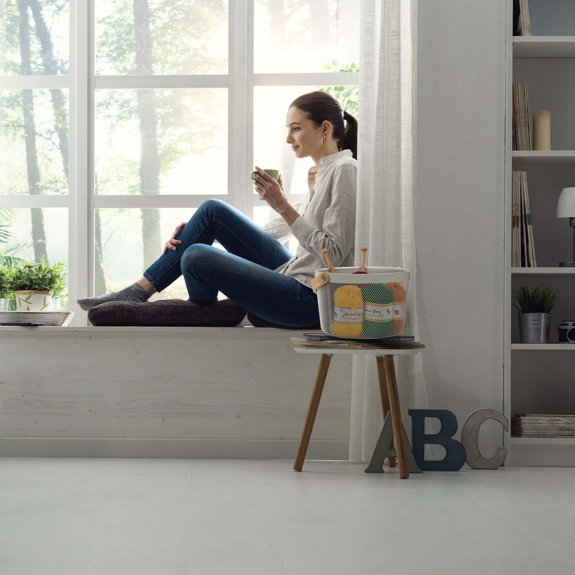 Runder Drahtkorb mit Henkel Weiss-Hellbraun von Relaxdays