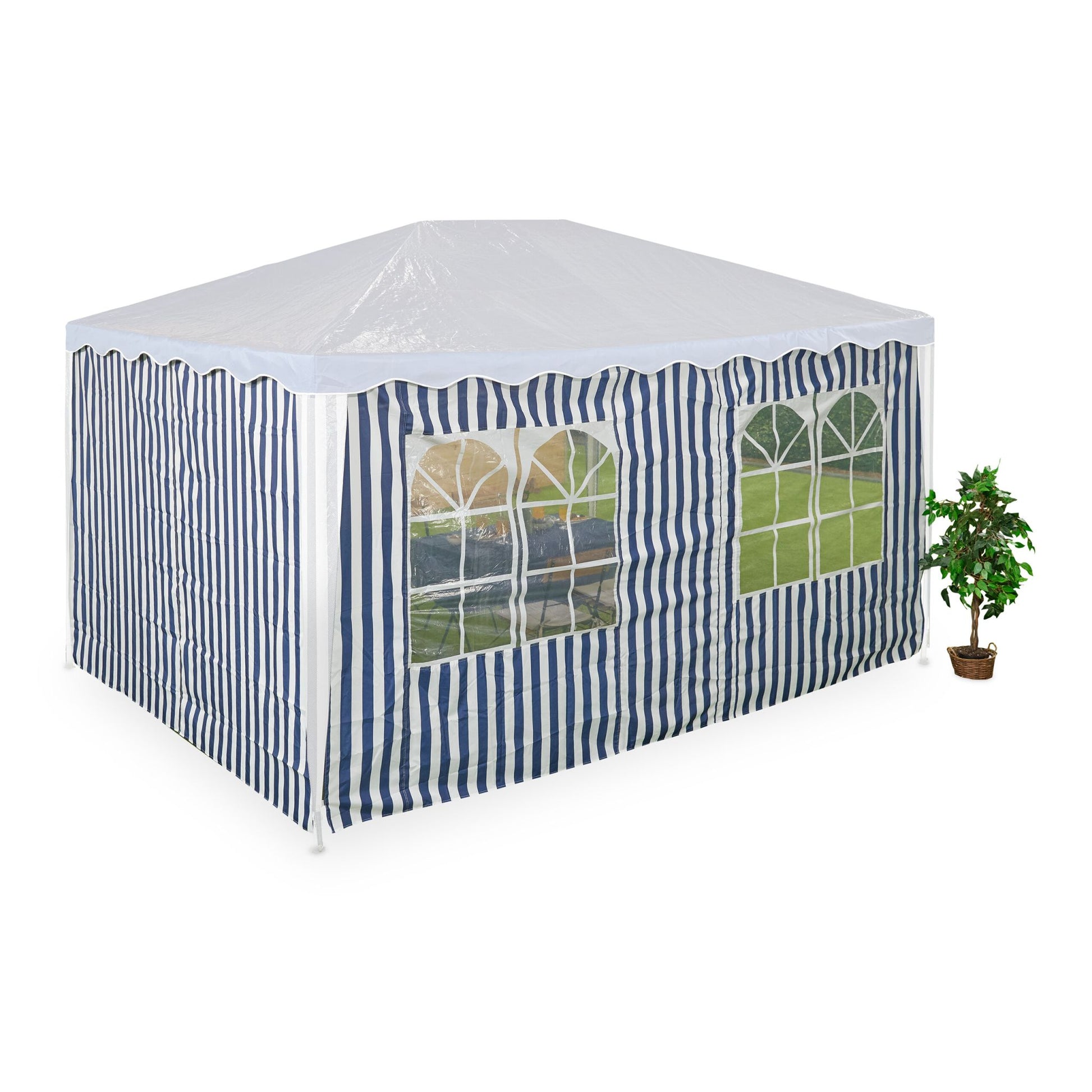 Gestreifte Pavillon Seitenteile 2er-Set Weiss-Dunkelblau-Transparent von Relaxdays