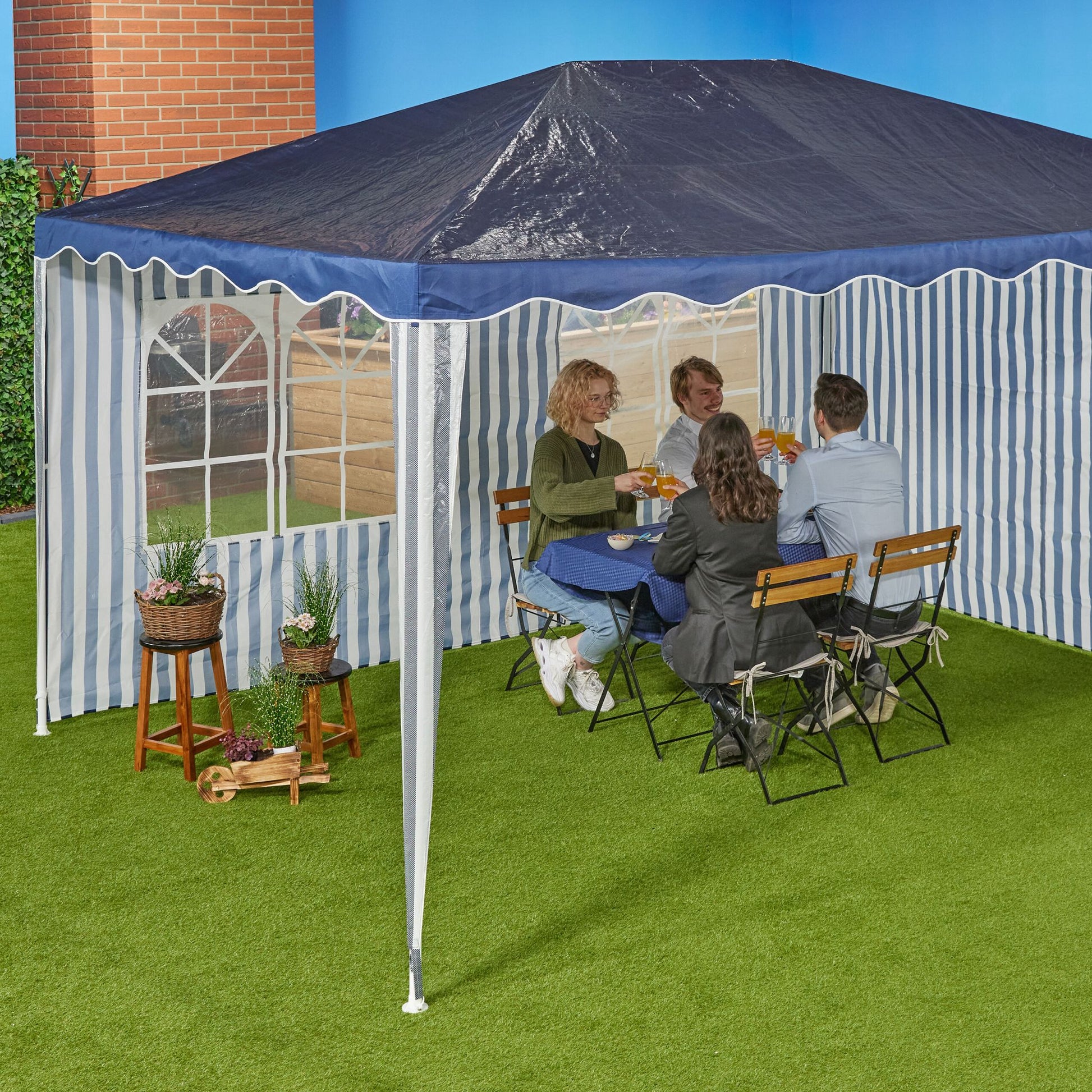 Gestreifte Pavillon Seitenteile 2er-Set Weiss-Dunkelblau-Transparent von Relaxdays
