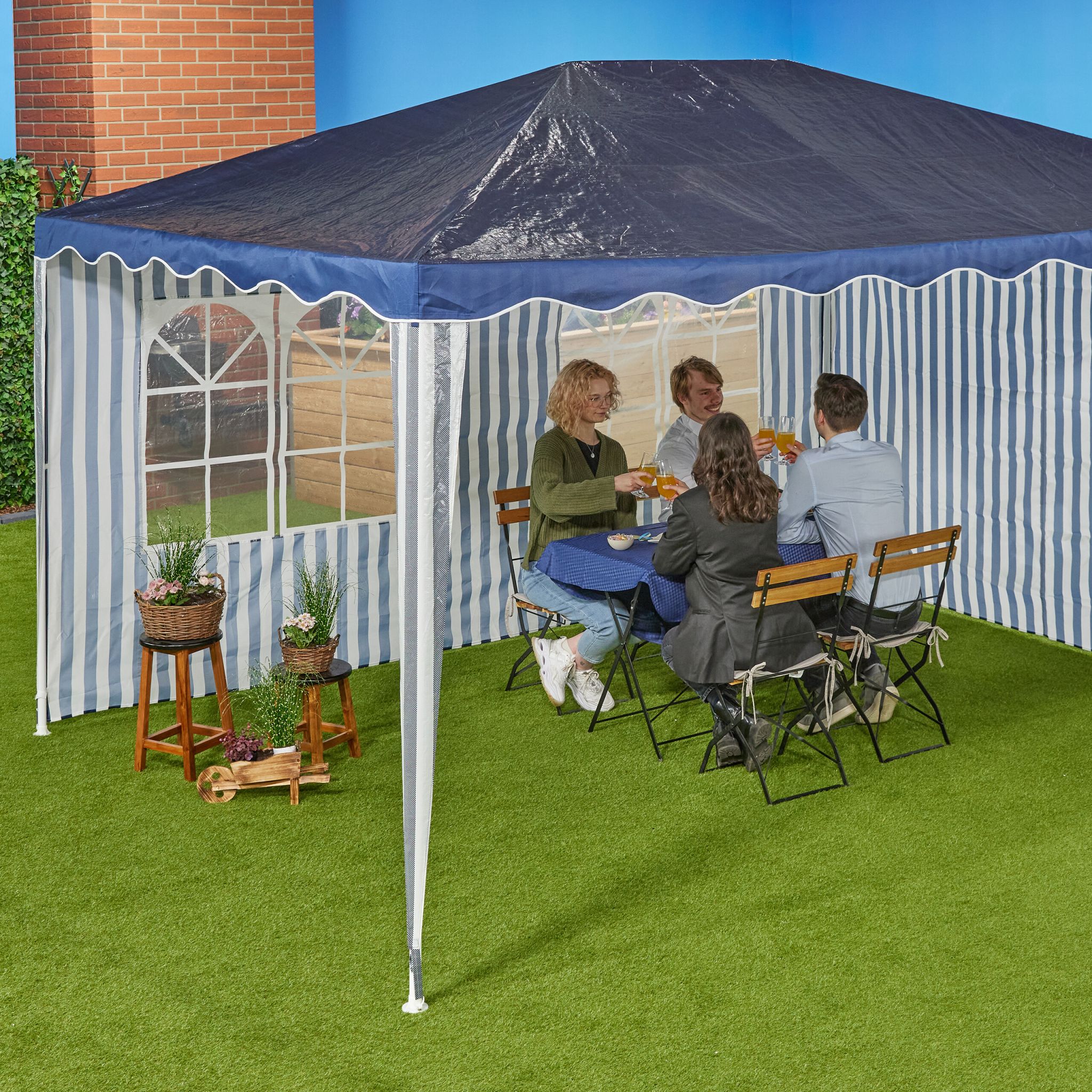Gestreifte Pavillon Seitenteile 2er-Set Weiss-Dunkelblau-Transparent von Relaxdays