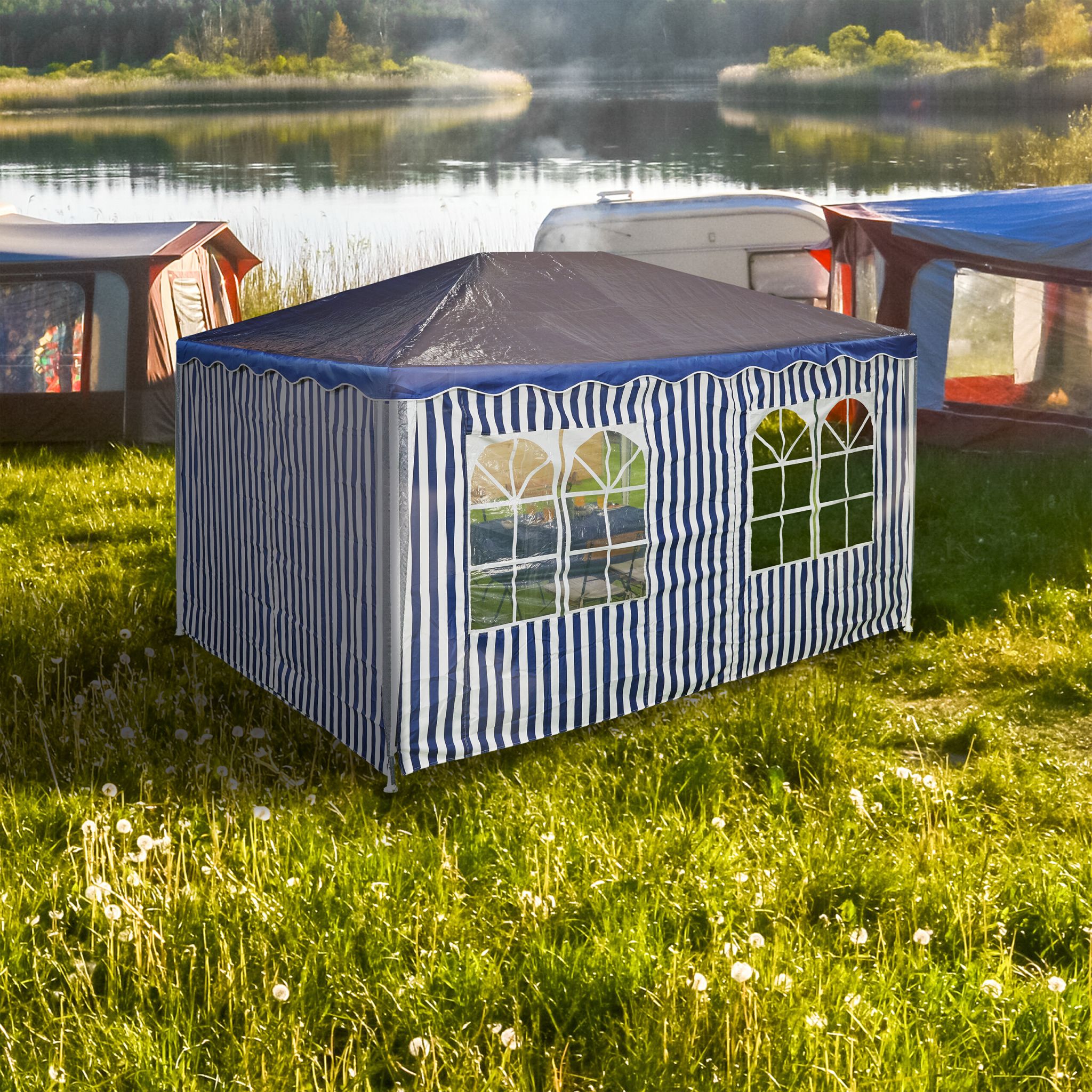 Gestreifte Pavillon Seitenteile 2er-Set Weiss-Dunkelblau-Transparent von Relaxdays