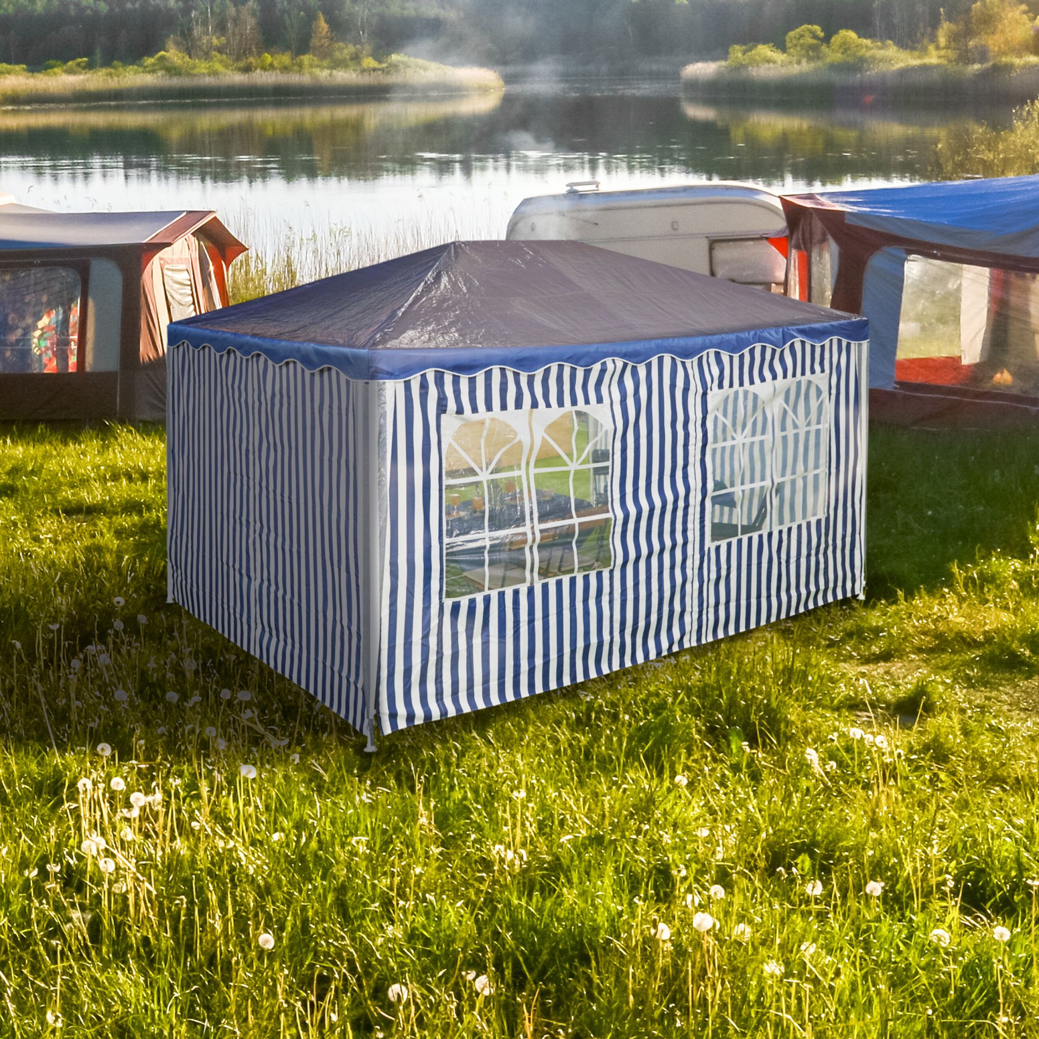 Pavillon Seitenteile 3x4m 3er-Set Weiss-Dunkelblau-Transparent von Relaxdays