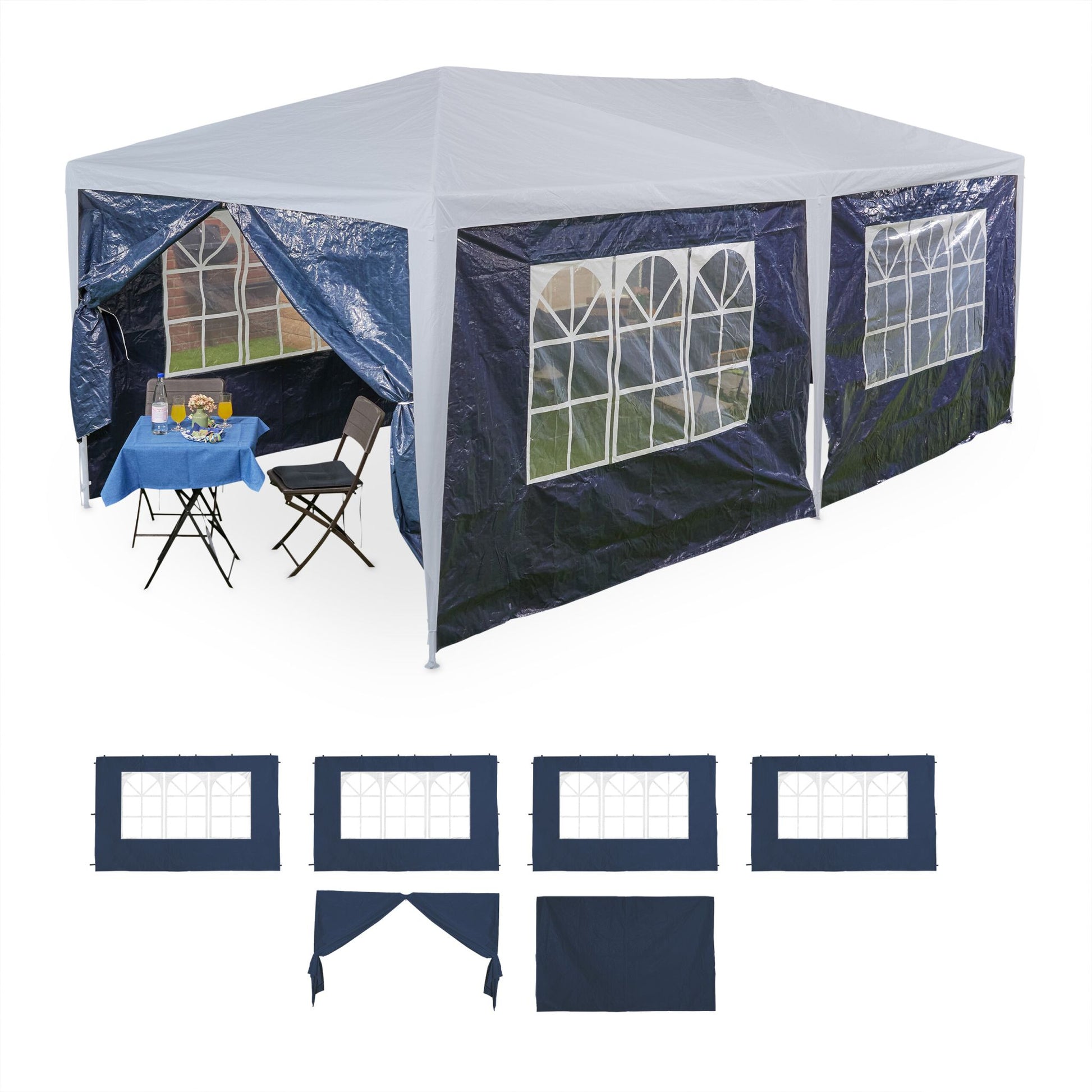Pavillon Seitenteile 6er-Set Weiss-Dunkelblau-Transparent von Relaxdays