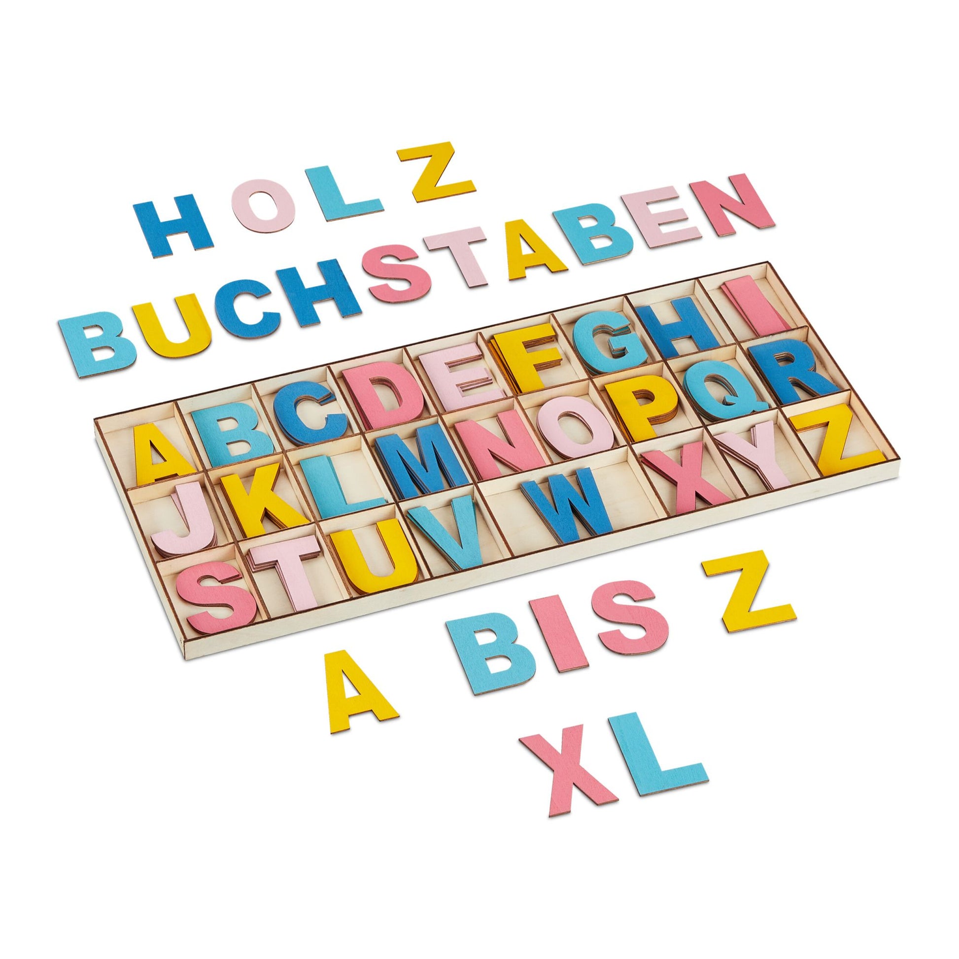 Holzbuchstaben XL 104er-Set Beige-Blau-Rosa von Relaxdays