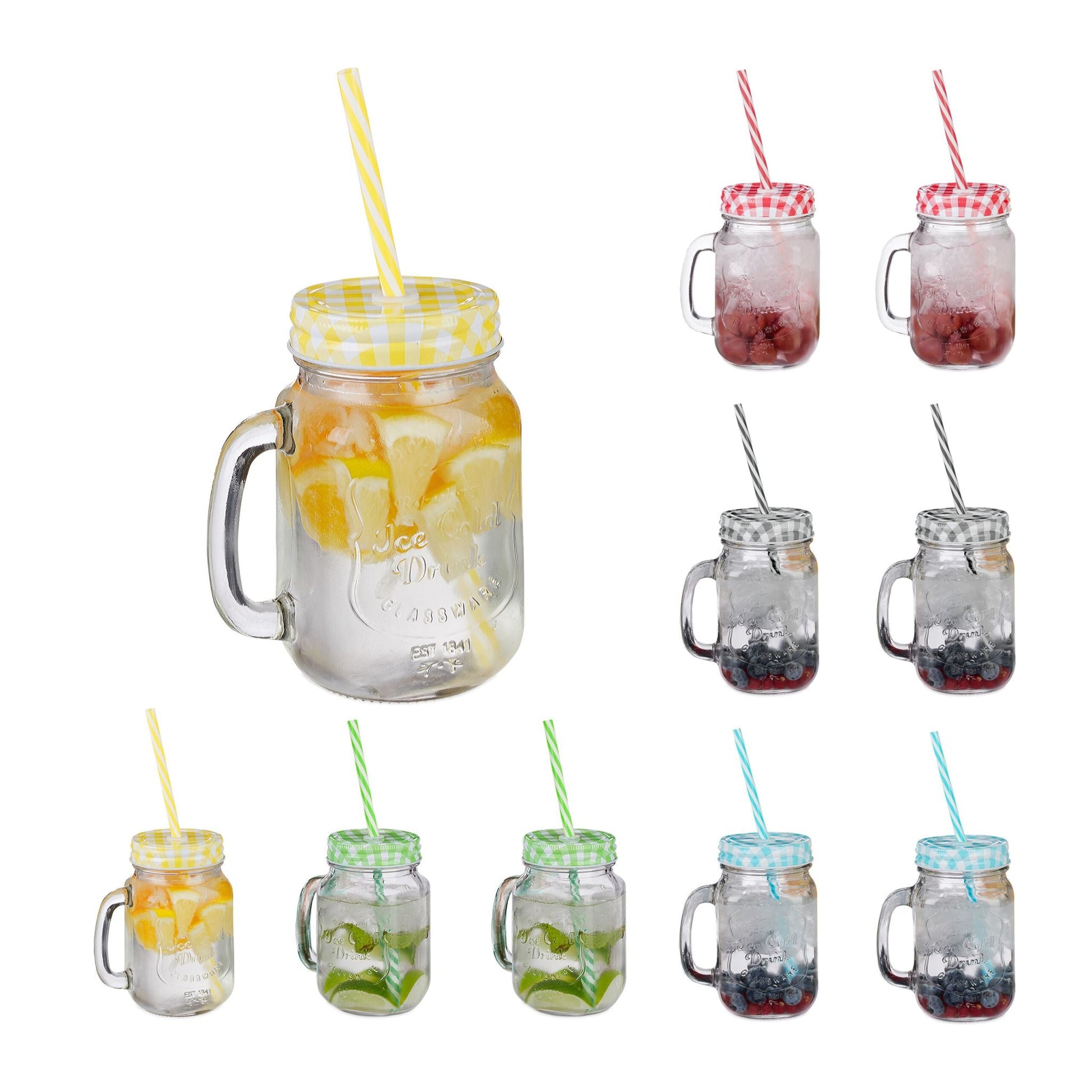 Trinkgläser mit Deckel 10er-Set Gelb-Grün-Transparent von Relaxdays