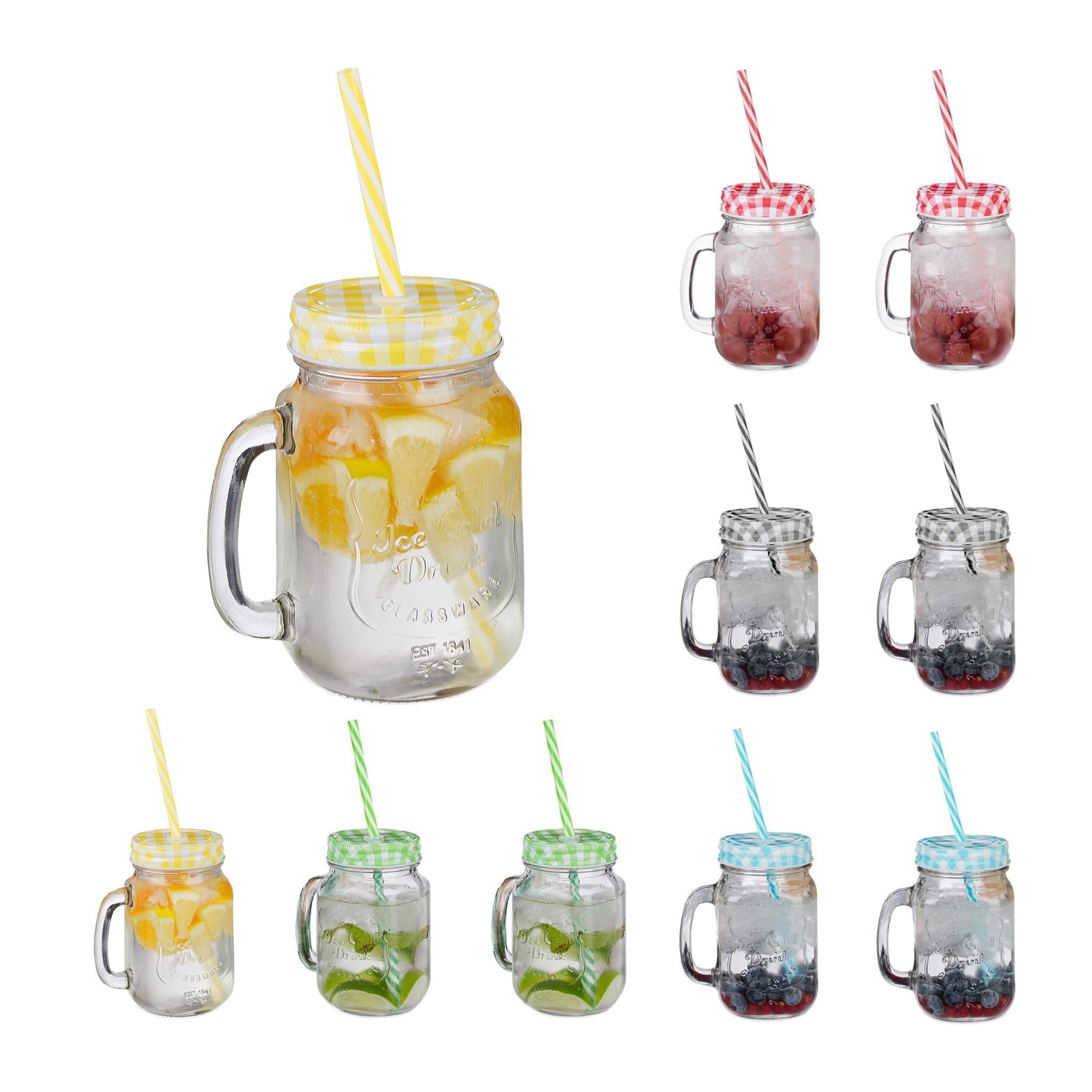 Trinkgläser mit Deckel 10er-Set Gelb-Grün-Transparent von Relaxdays
