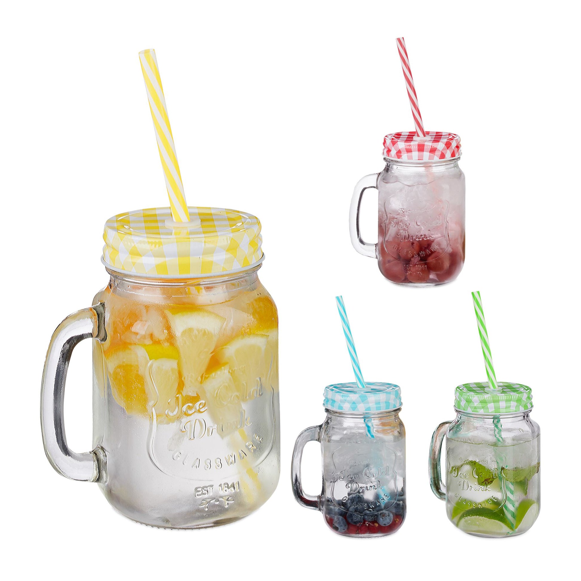 Trinkgläser mit Deckel 4er-Set Gelb-Grün-Transparent von Relaxdays