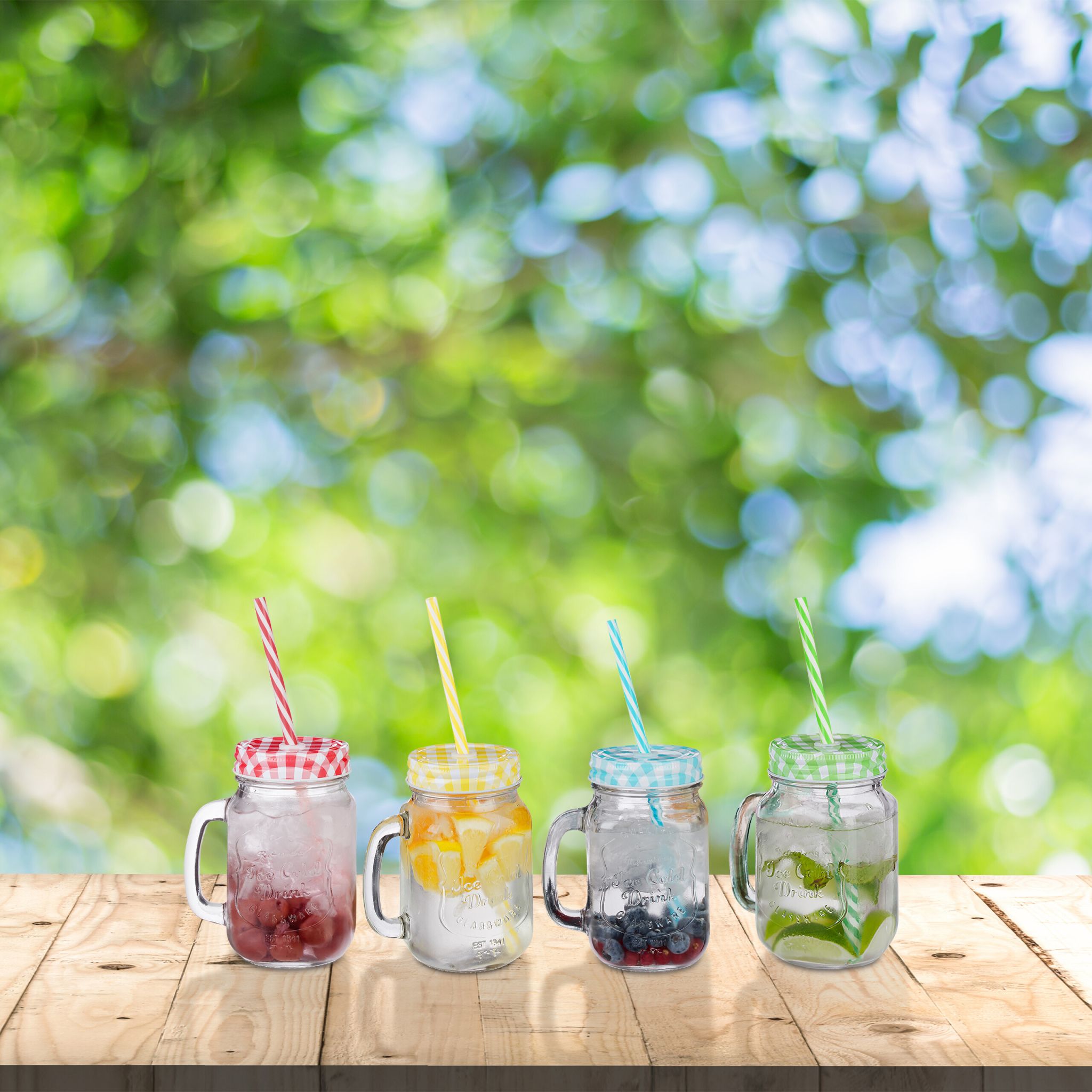 Trinkgläser mit Deckel 4er-Set Gelb-Grün-Transparent von Relaxdays