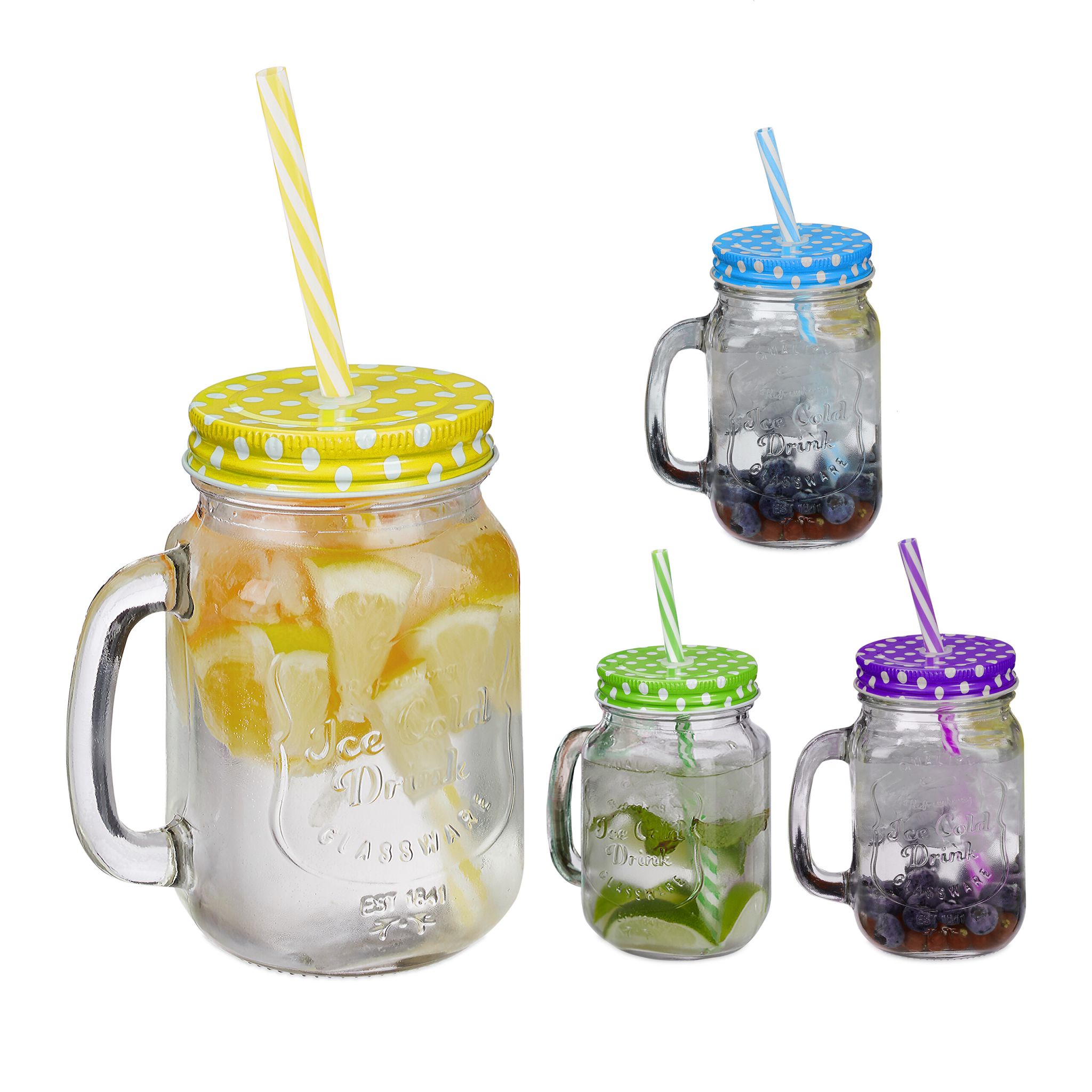 Trinkgläser mit Deckel 4er-Set Gelb-Lila-Transparent von Relaxdays