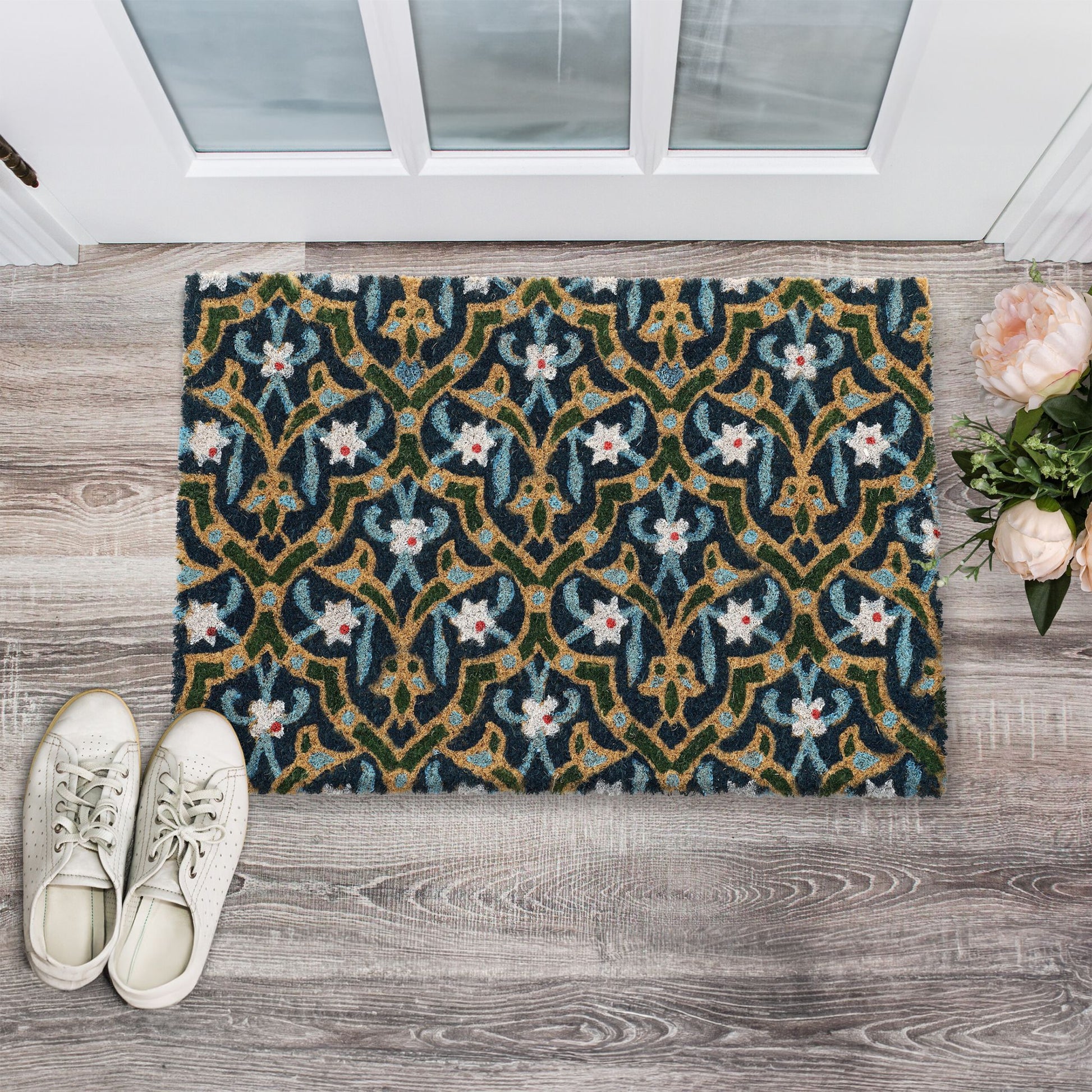 Kokos Fussmatte mit orientalischem Muster Weiss-Blau-Hellbraun von Relaxdays