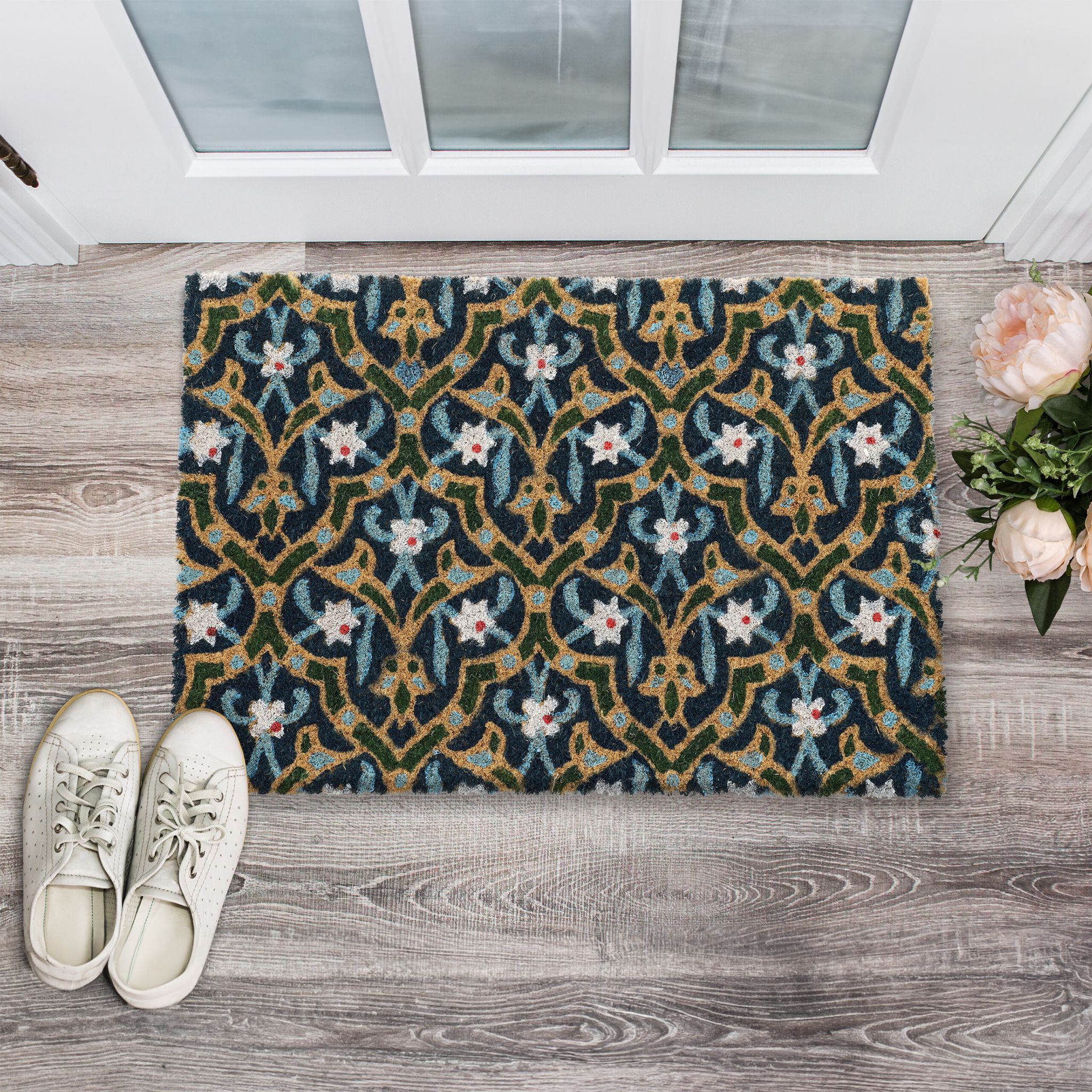 Kokos Fussmatte mit orientalischem Muster Weiss-Blau-Hellbraun von Relaxdays