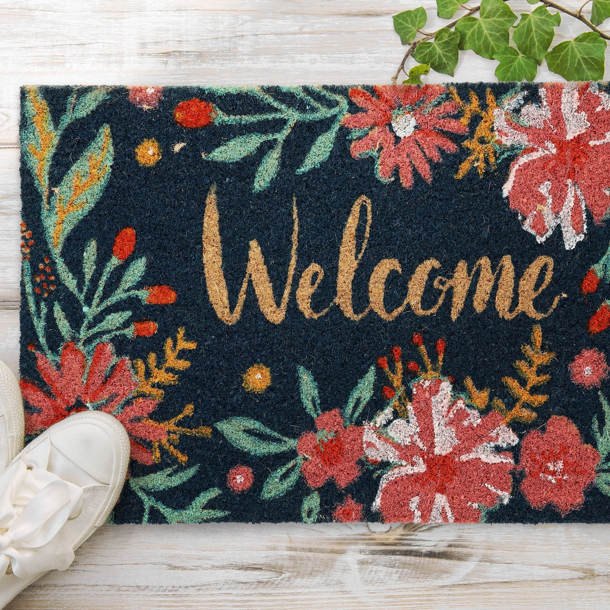 Kokos Fussmatte Welcome Dunkelblau-Grün-Rot von Relaxdays