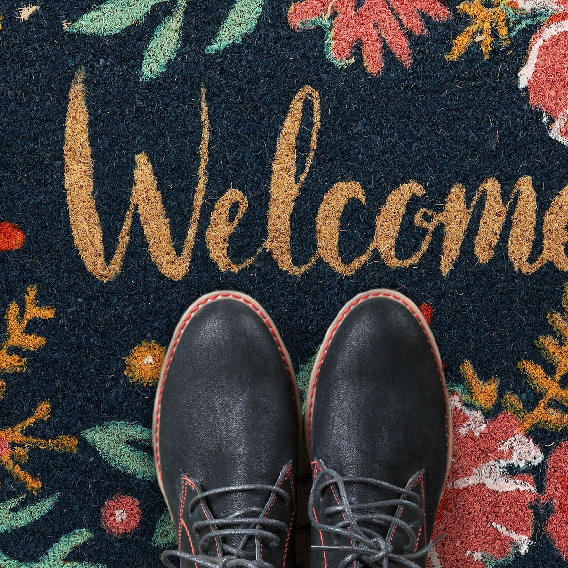 Kokos Fussmatte Welcome Dunkelblau-Grün-Rot von Relaxdays