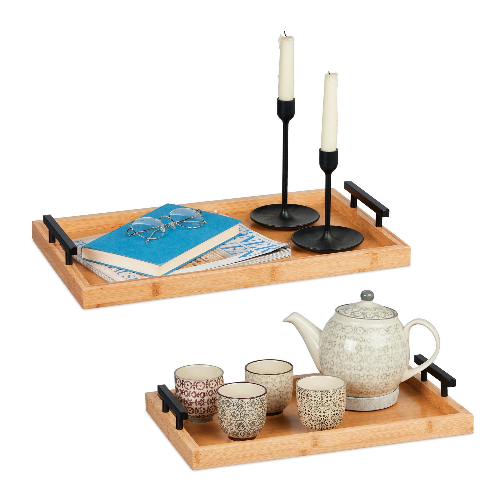 Tablett 2er-Set Bambus Hellbraun-Schwarz von Relaxdays