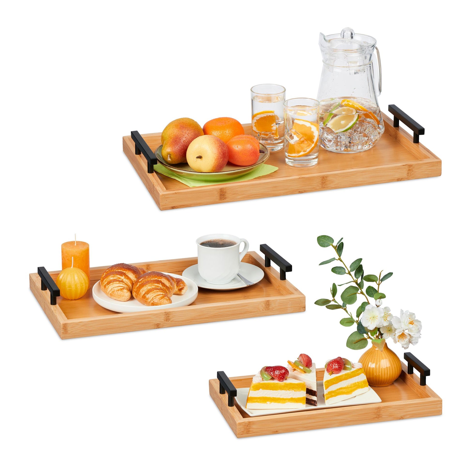 Tablett 3er-Set Bambus Hellbraun-Schwarz von Relaxdays