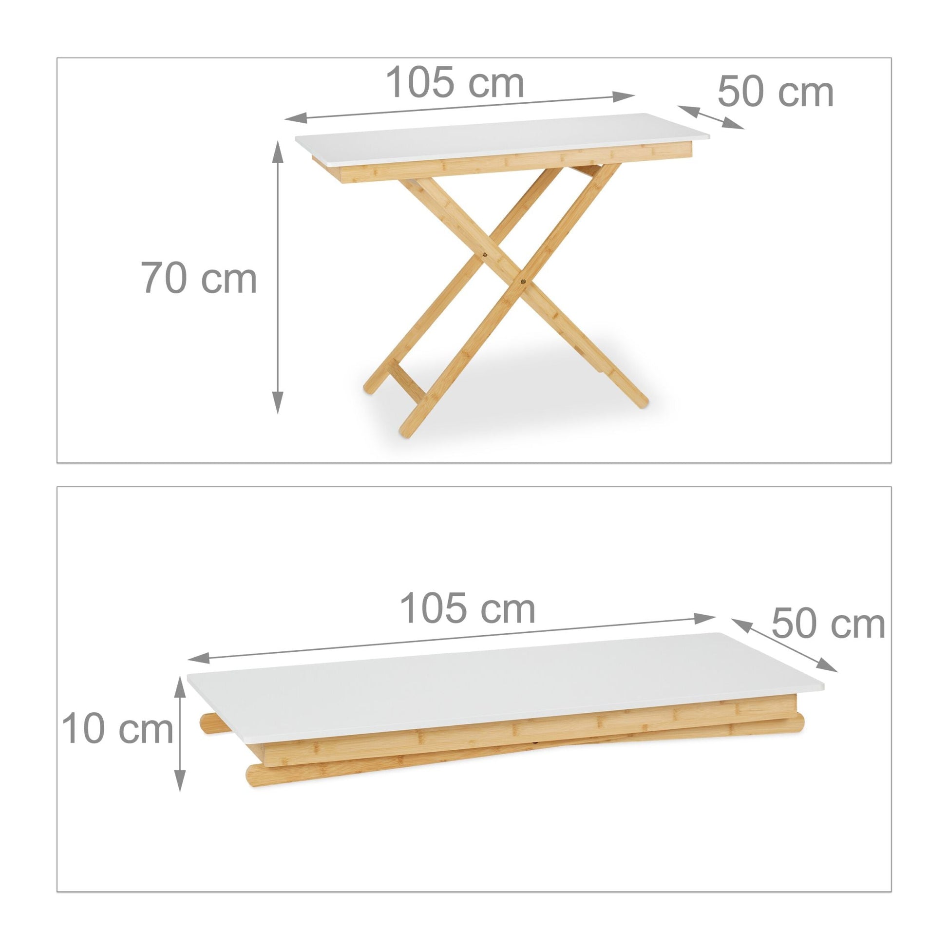 Klapptisch Bambus höhenverstellbar Weiss-Hellbraun von Relaxdays