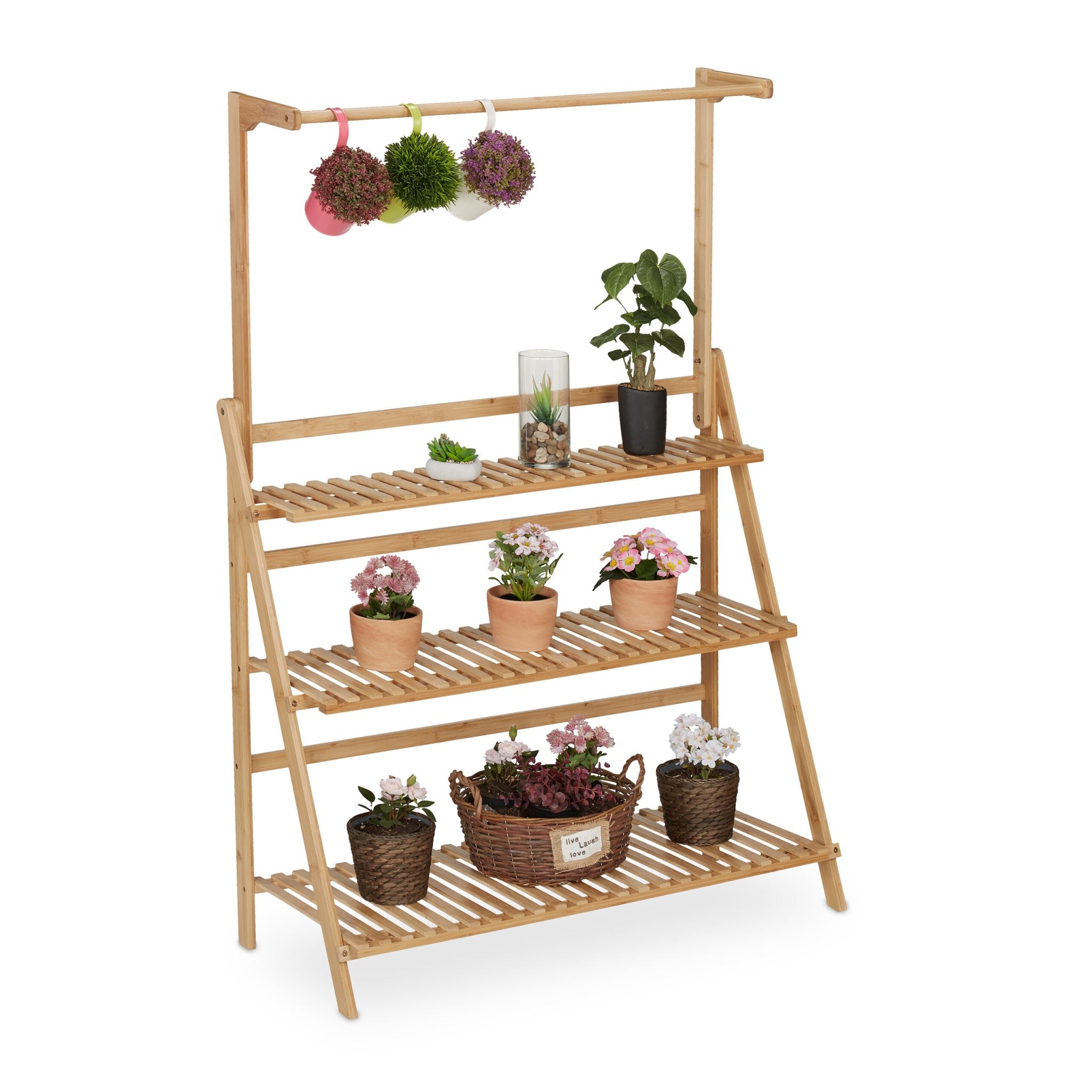 Blumenregal Bambus mit Hängestange Hellbraun