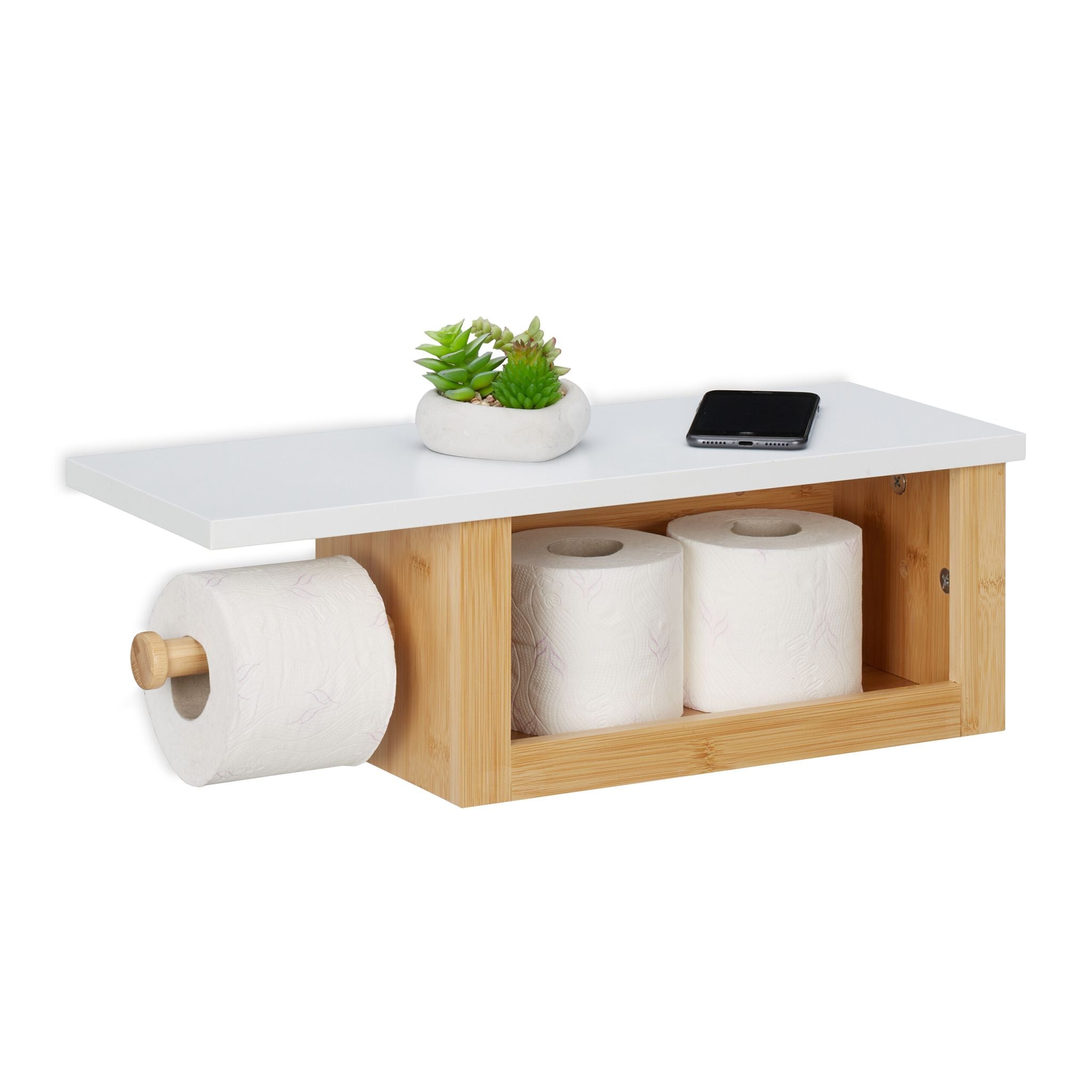 Bambus Toilettenpapierhalter mit Ablage Weiss-Hellbraun von Relaxdays