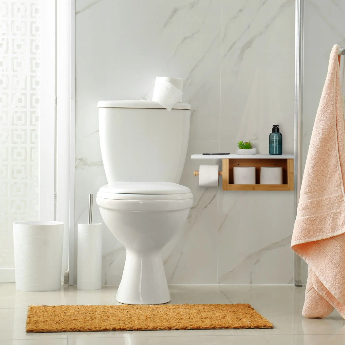 Bambus Toilettenpapierhalter mit Ablage Weiss-Hellbraun von Relaxdays