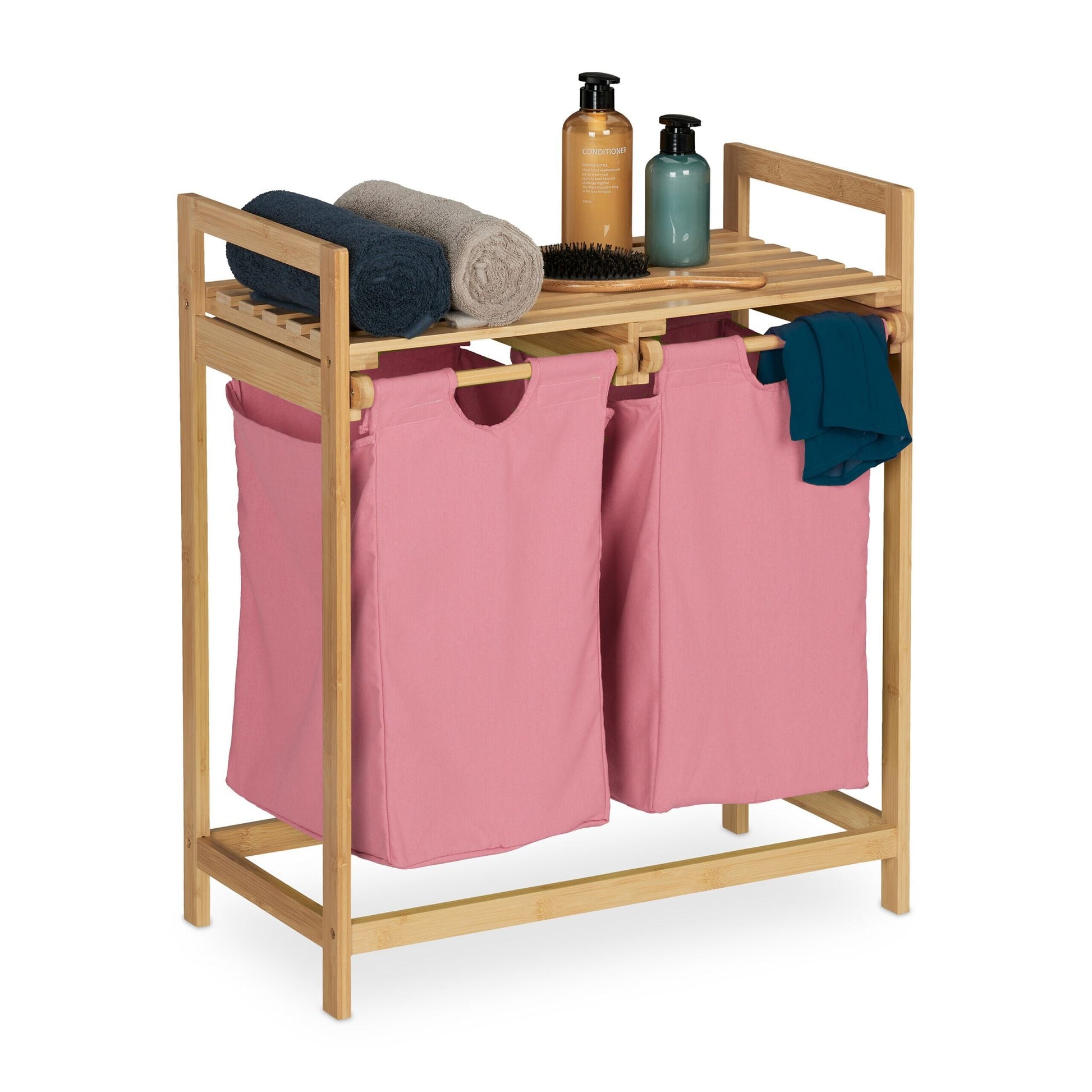 Wäschekorb Regal Bambus Hellbraun-Rosa von Relaxdays