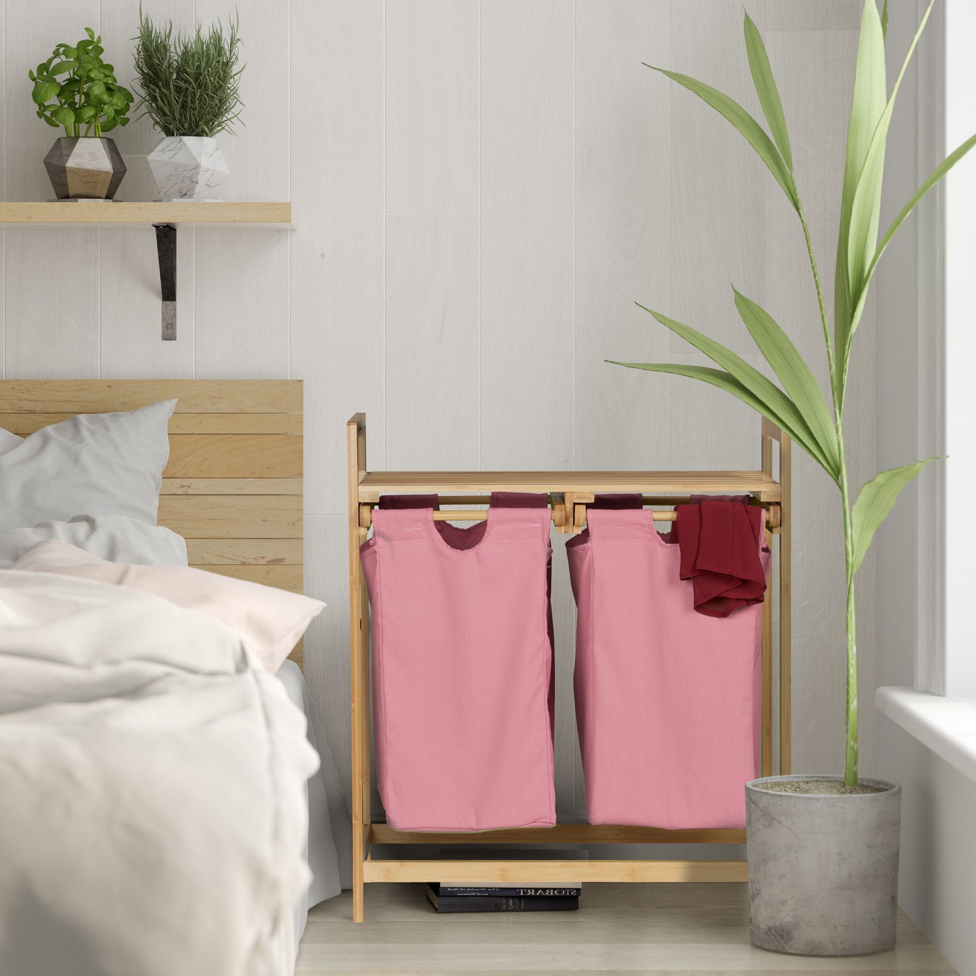 Wäschekorb Regal Bambus Hellbraun-Rosa von Relaxdays