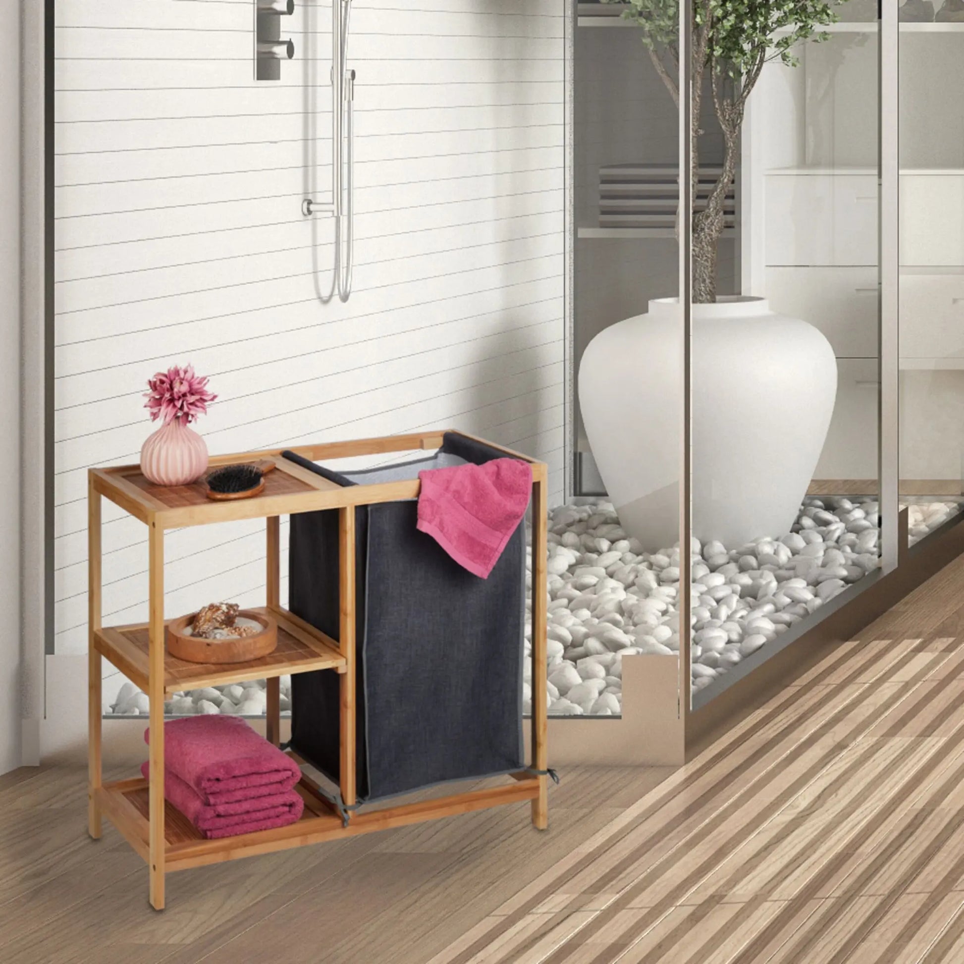 Wäschekorb Regal Bambus Hellbraun-Grau von Relaxdays