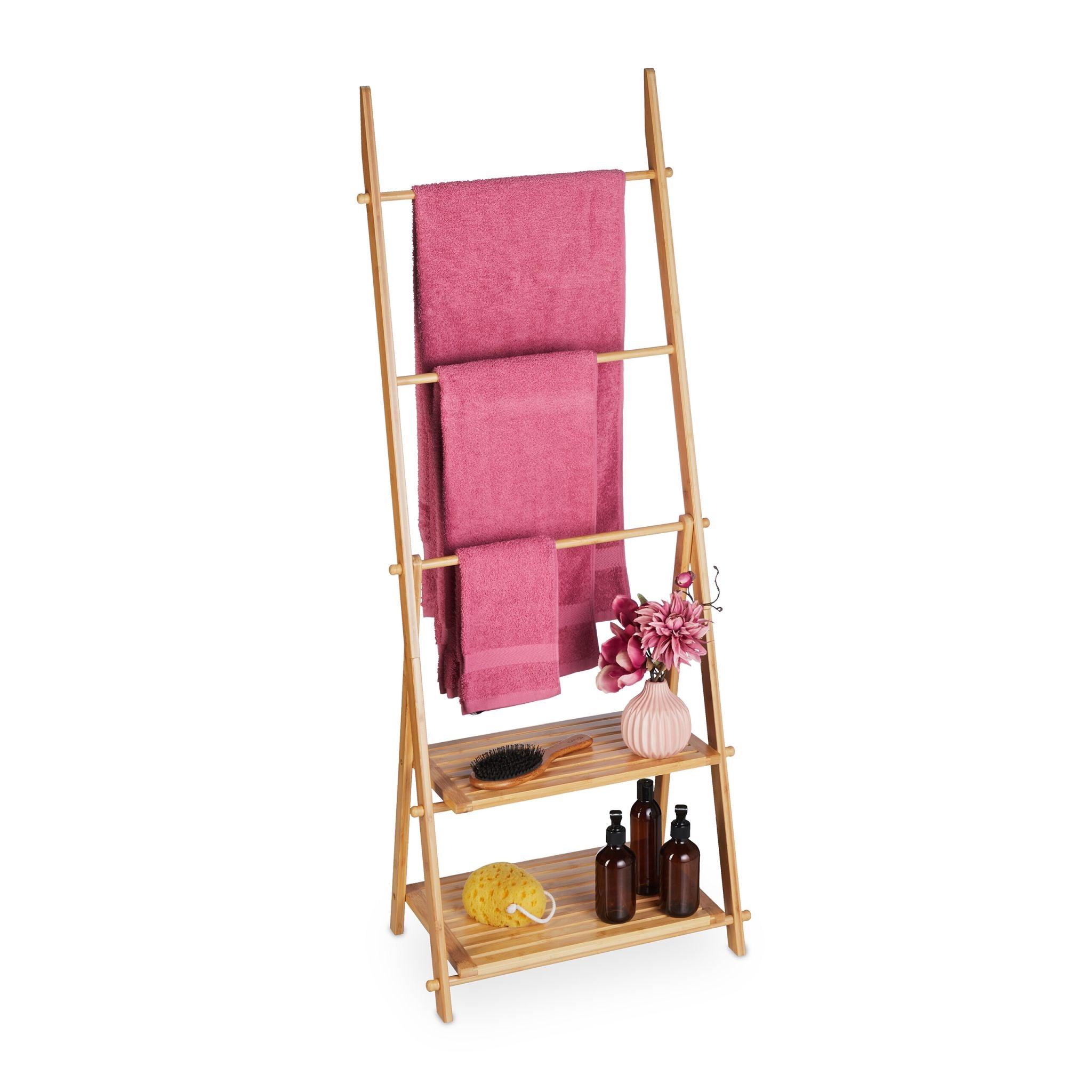 Handtuchleiter mit 2 Ablagen Hellbraun von Relaxdays