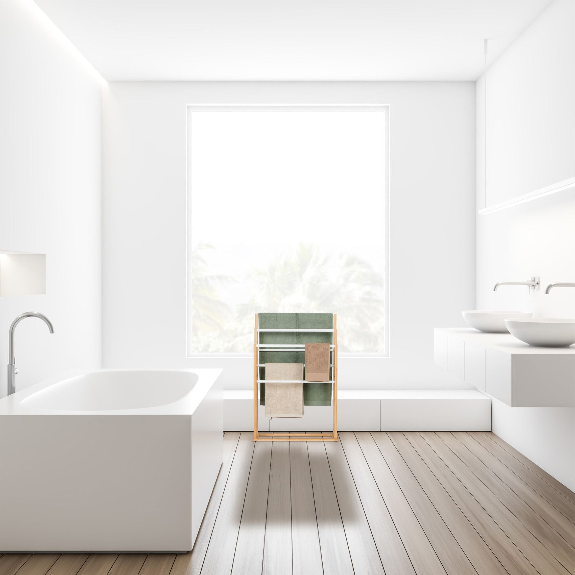 Bambus Handtuchständer 6 Stangen Weiss-Hellbraun von Relaxdays