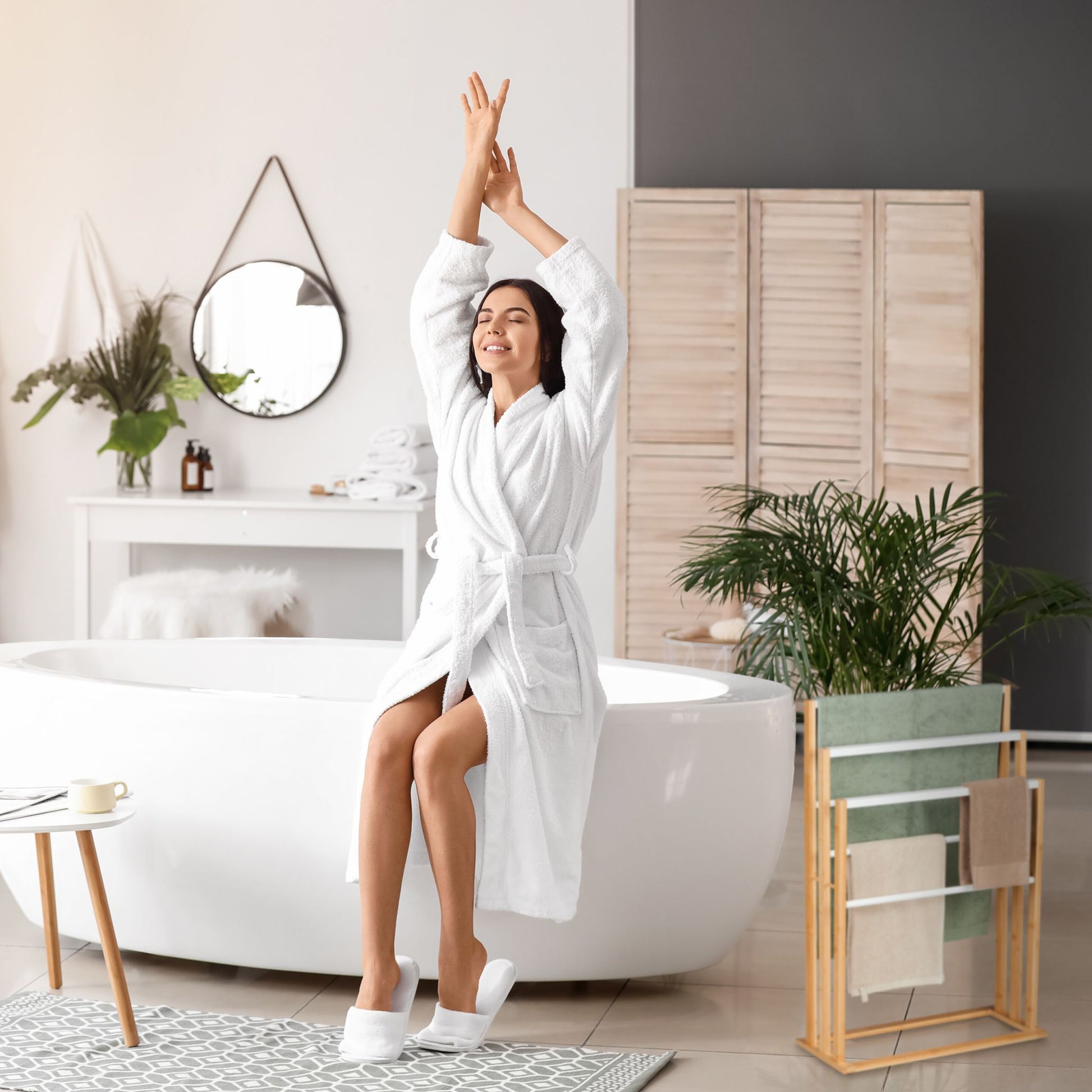 Bambus Handtuchständer 6 Stangen Weiss-Hellbraun von Relaxdays