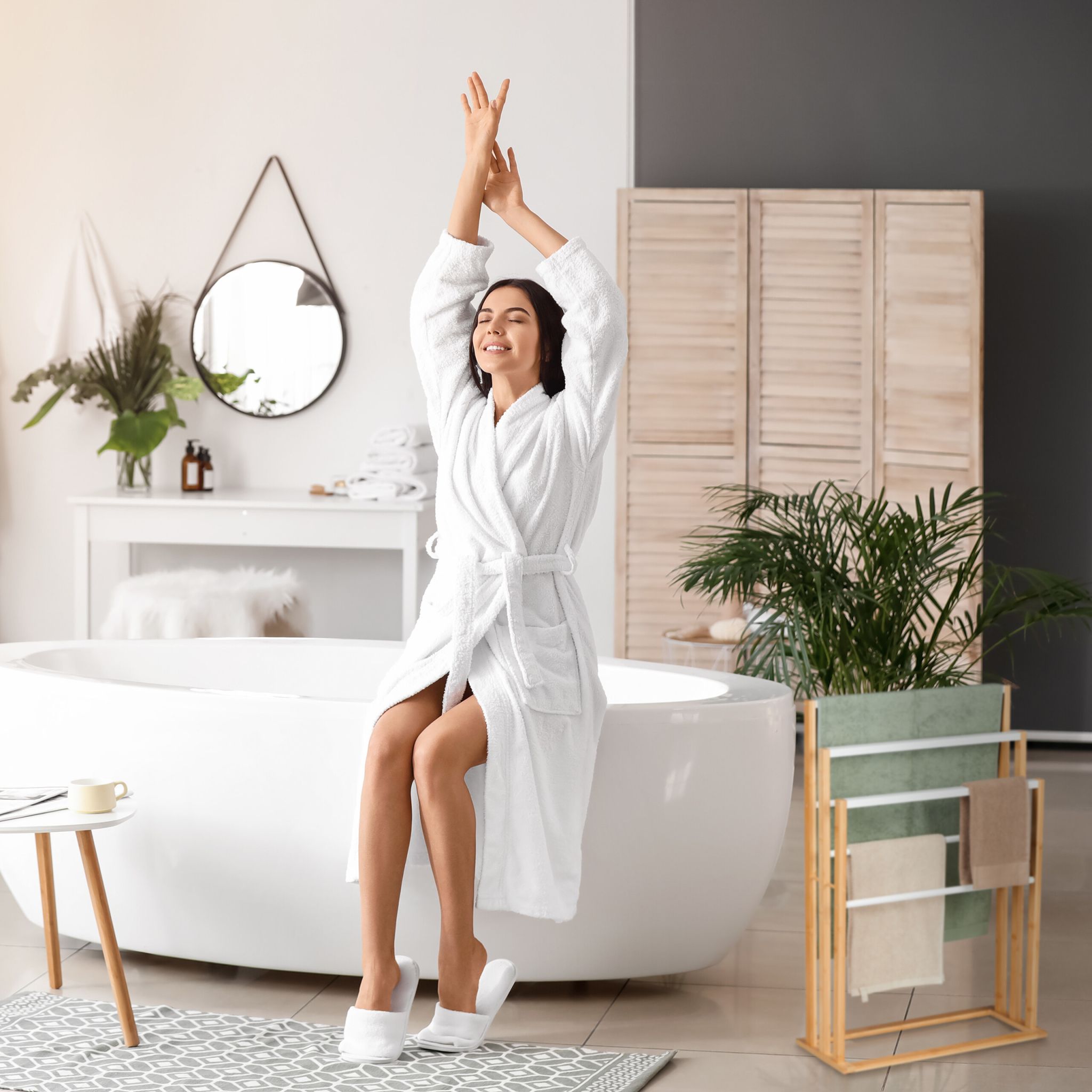 Bambus Handtuchständer 6 Stangen Weiss-Hellbraun von Relaxdays