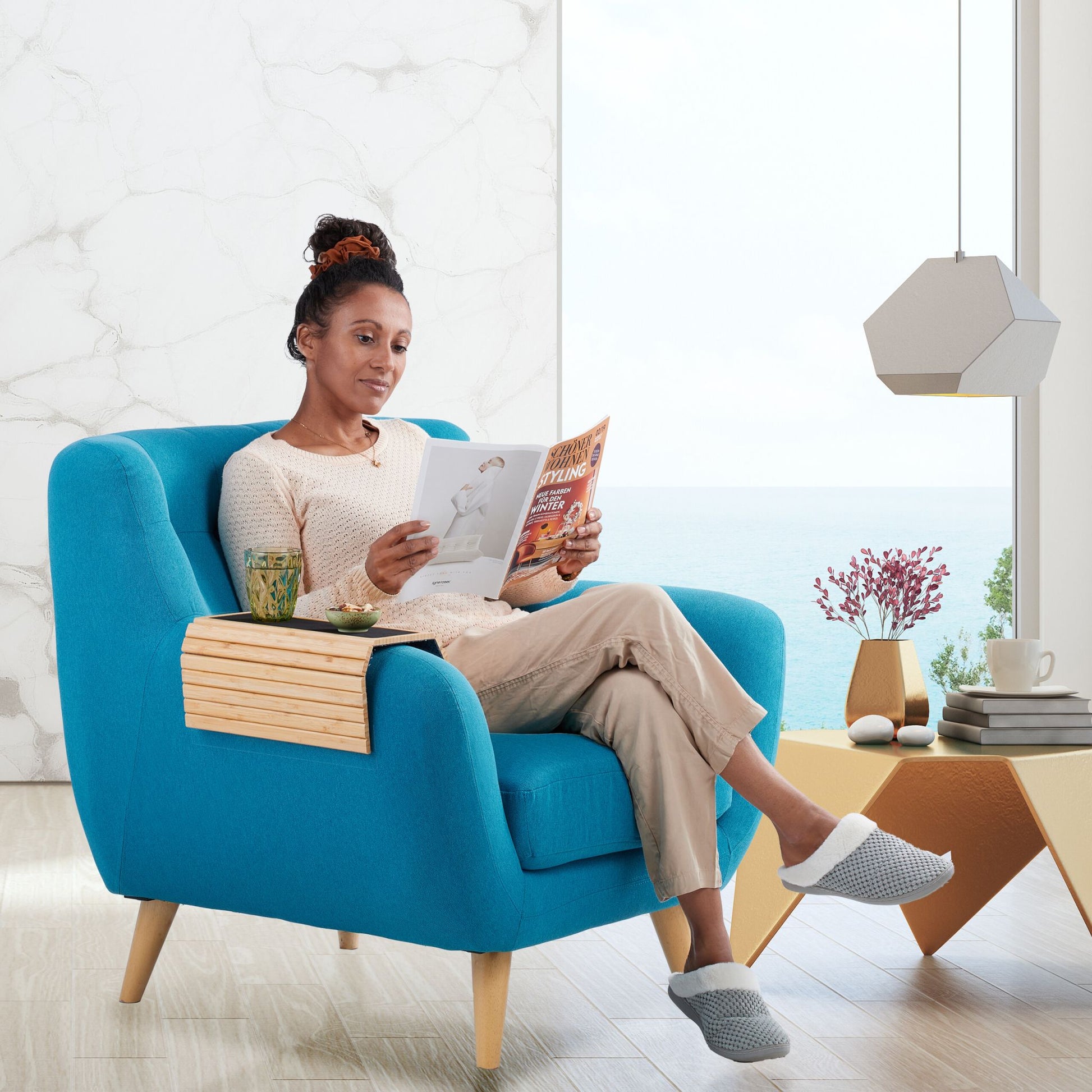 Sofatablett Bambus natur Hellbraun-Schwarz-Grau von Relaxdays