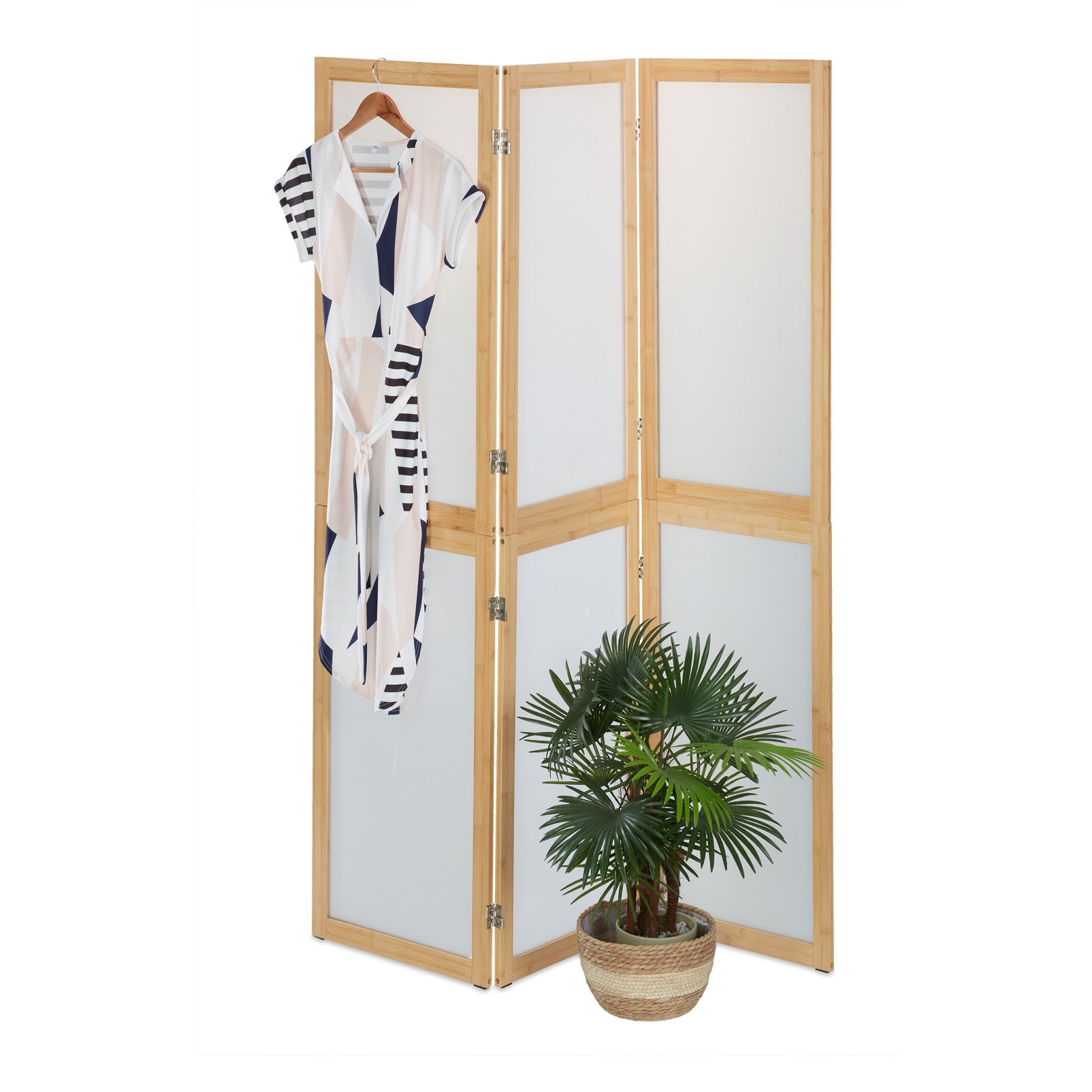 Paravent mit Bambusrahmen 3-teilig Weiss-Hellbraun von Relaxdays