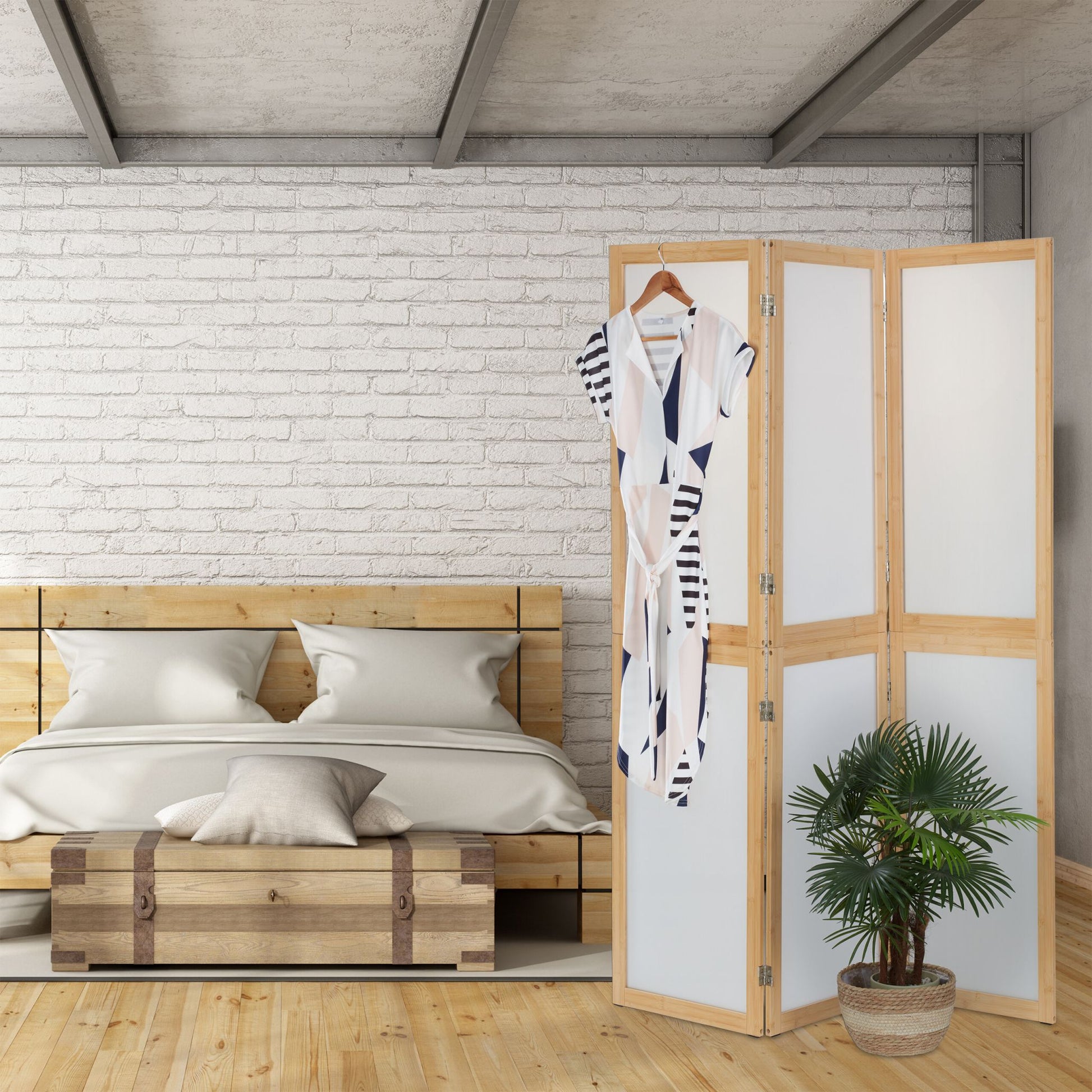 Paravent mit Bambusrahmen 3-teilig Weiss-Hellbraun von Relaxdays