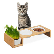 Katzen Futterstation & Katzengras Schale Weiss-Hellbraun
