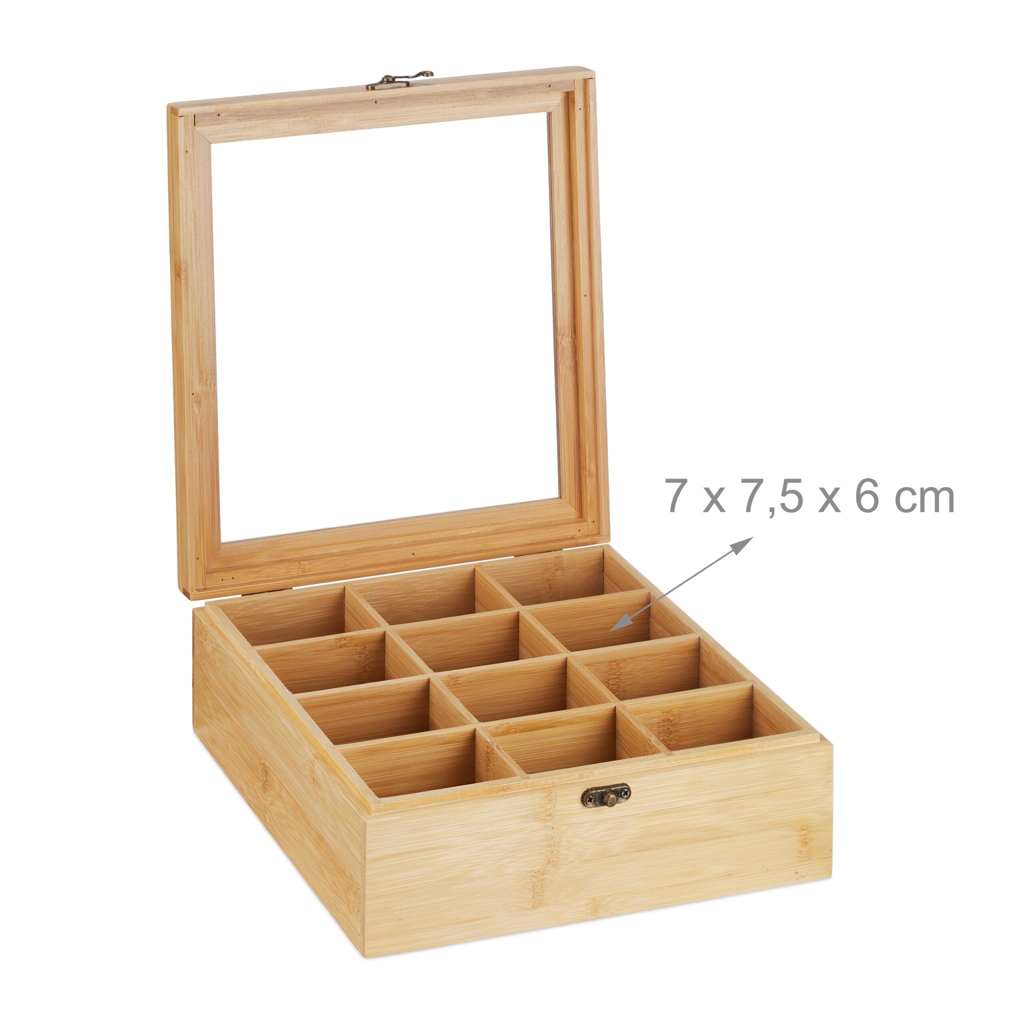 Teebox mit 12 Fächern Bambus Hellbraun-Kupfer-Transparent von Relaxdays