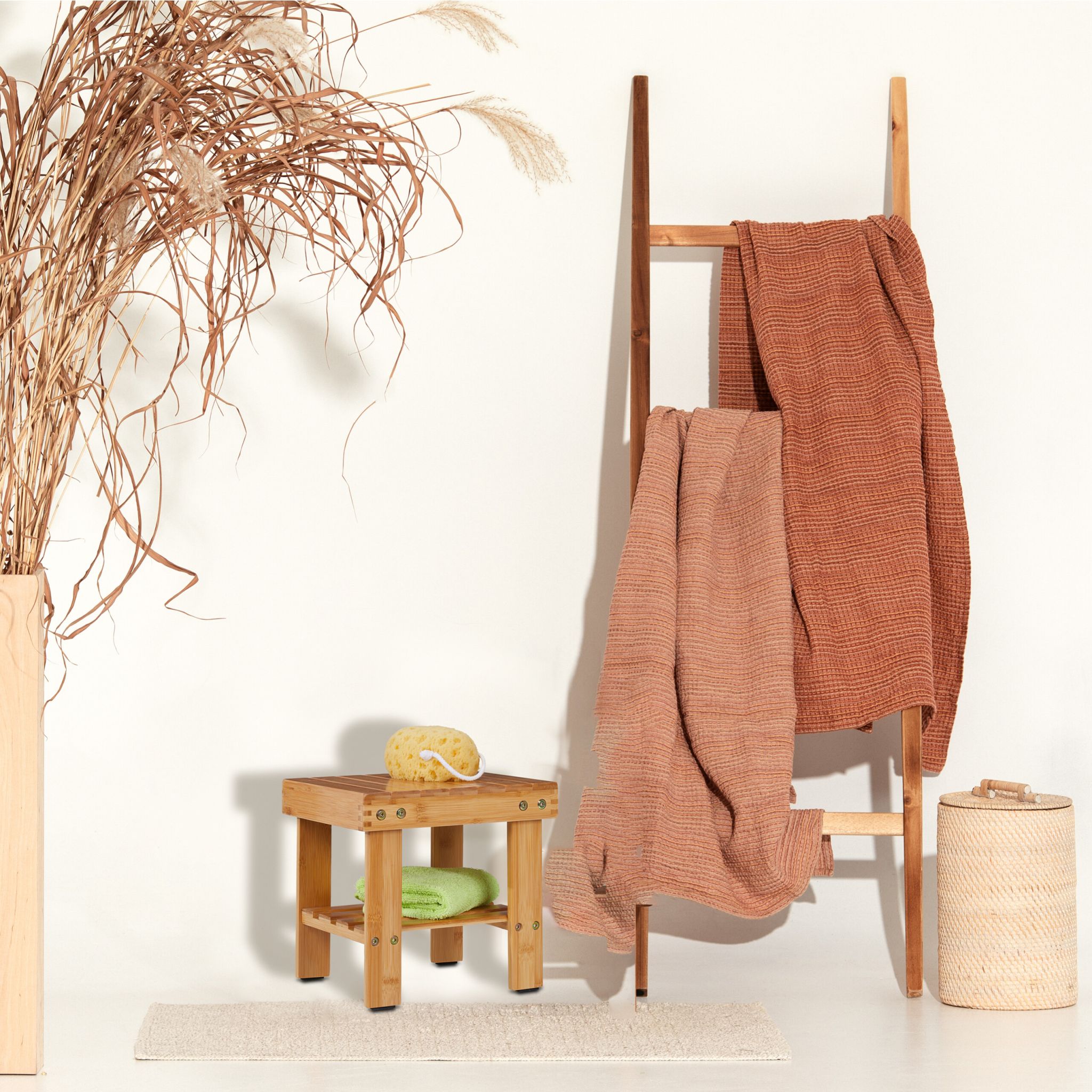 Bambus Badhocker mit Zusatzablage Hellbraun von Relaxdays