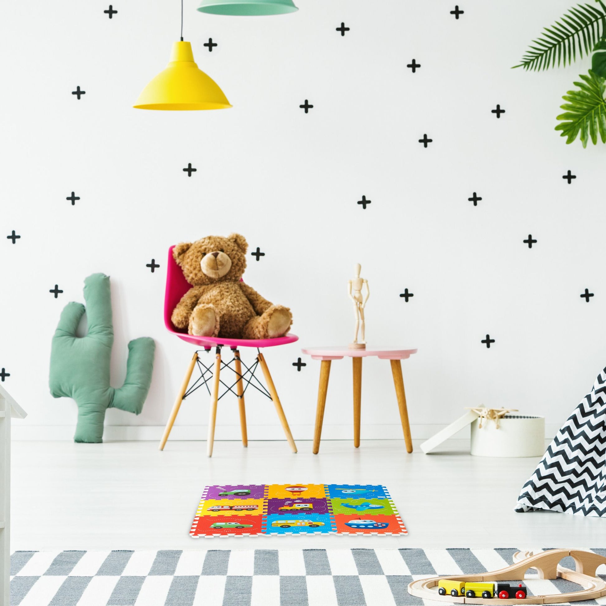 Puzzlematte mit Fahrzeugen Blau-Gelb-Lila von Relaxdays